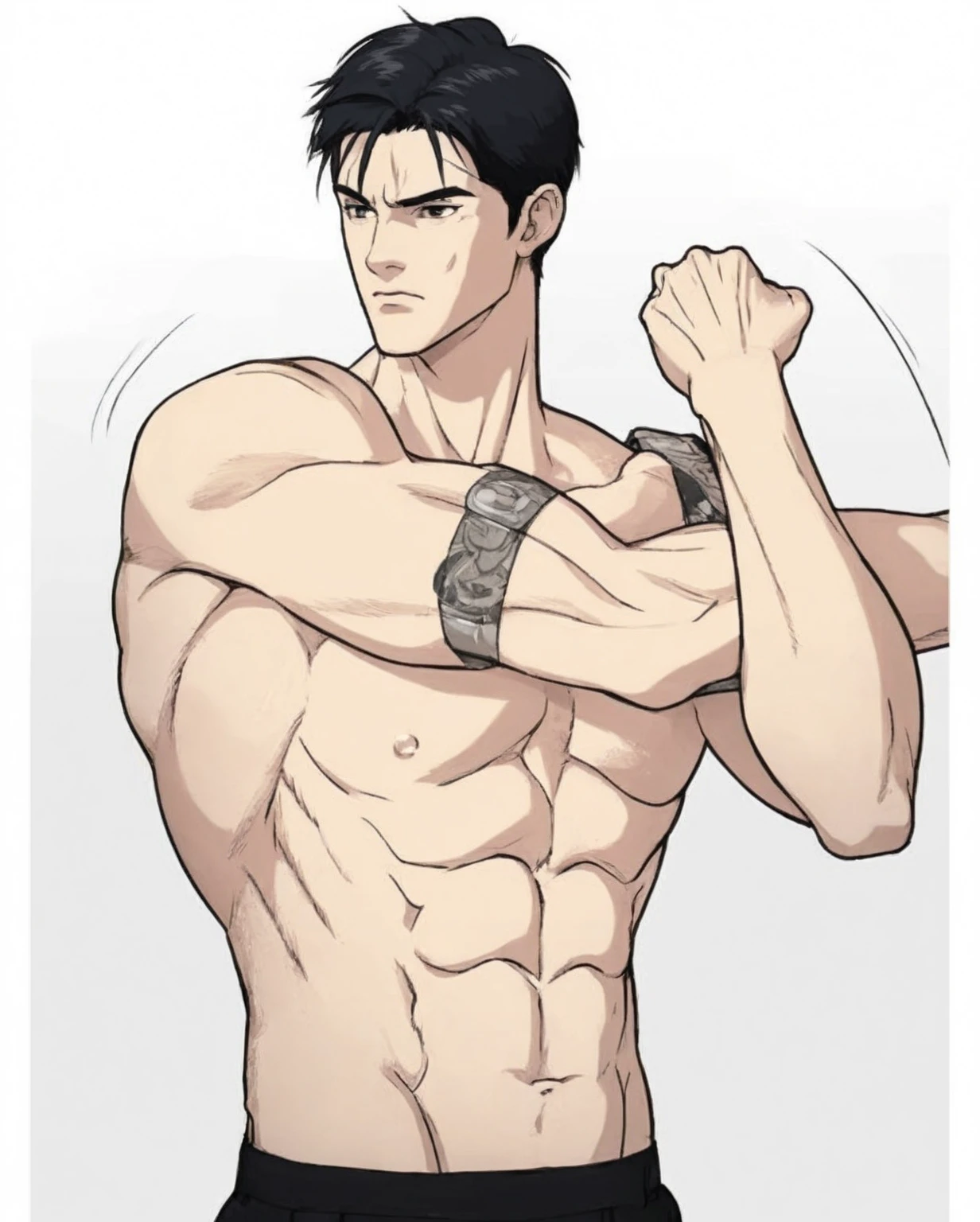 man with a puffed-out chest, arms raised holding a knife, seen from the side