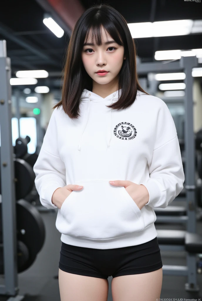 raw photo, delicat pale skin, delicate face, long hair, freckles, legs spread:1.2, wide thigh gaps:1.2, crotch visible:1.2, hoody, gym shorts, best quality, 16k, masterpiece