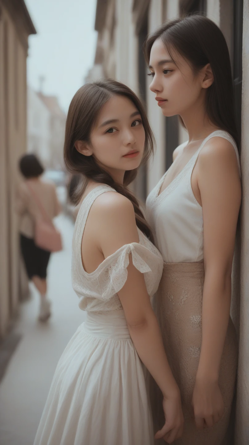 Tabletop、masterpiece,(Stock Emphasis:1.3)、(Tank top),Natural light、 Attention to detail, Depth of written boundary, 135mm, Super detailed, high quality, Awards, 最high quality, High resolution, 8k,30 years old、(Two women facing each other:1.5),Correct skeleton,(Side Shot;1.3),(Side view:1.5),(On the street),smile