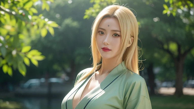 (female,anime,Anime Shippuden,tsunade:1.1),(long hair,yellow hair),(yellow eyes,beautiful detailed eyes,realistic eyes:1.1),(smile,beautiful detailed smile:1.1),(green clothes,realistic clothes),(city background,urban scenery),(ultra detail,extremely detailed:1.2),(realistic,photorealistic:1.37),(red lips,vivid red lips)