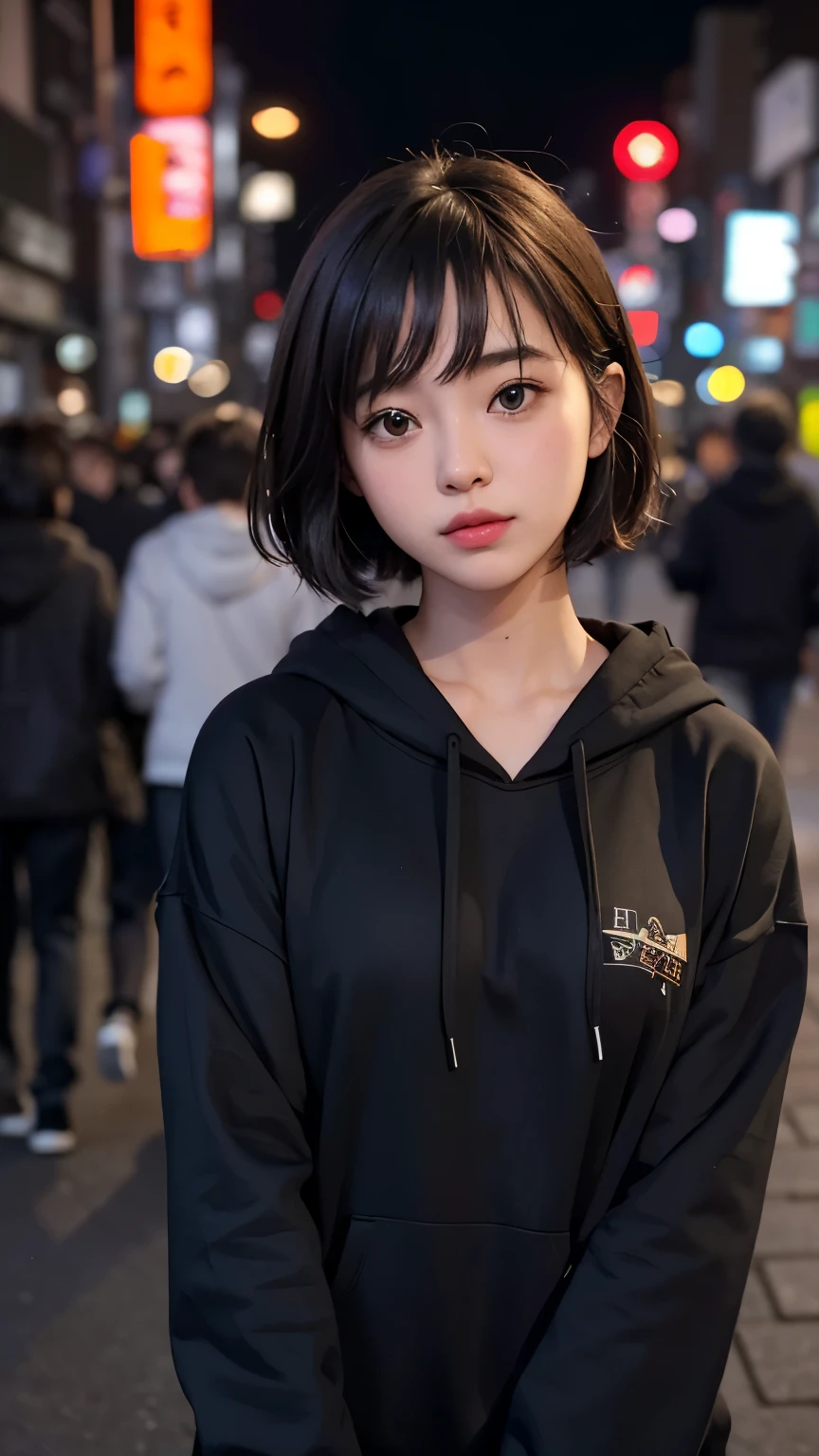 Best-quality, Masterpiece, Ultra-High-Resolution, (Photorealistic:1.4), Raw-Photo, 1girl, 15-years-old, the most famous Japanese idol, at midnight street, wearing only luxurious-hoodie, innocent smile, extremely cute face like the most popular Japanese idol, (((extremely beautiful big-black-eyes))), extremely beautiful black-short-cut-haired, extremely beautiful long-eyelashes, extremely beautiful lips, extremely beautiful skins