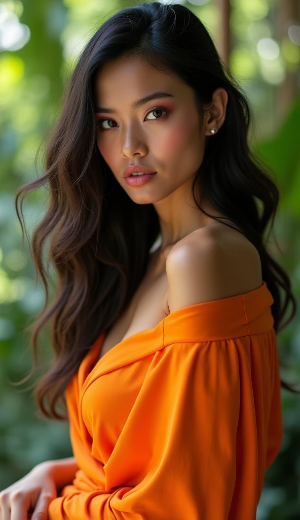 girl 25 years old, (masterpiece), Indonesian skin tone, best quality, expressive eyes, perfect face, (ultra realistic), (Orange Formal Suit), Smile, Long Black Hair, innocent face, natural wavy hair, brown eyes, High resolution, masterpiece, Best quality, intricate high detail, highly detailed, focus sharp focus, detailed skin, realistic skin texture, texture, detailed eyes, professional, 4K, charming smile, filmed on Canon, 85 mm, shallow depth of field, Kodak Vision Color, perfect fit body, Extremely detailed, photograph_\(ultra\ ), photoreallistic, Realstic, Post-processing, Maximum details, roughness, real life, ultra realist, photorealism, photography, 8K UHD, photography, NSFW