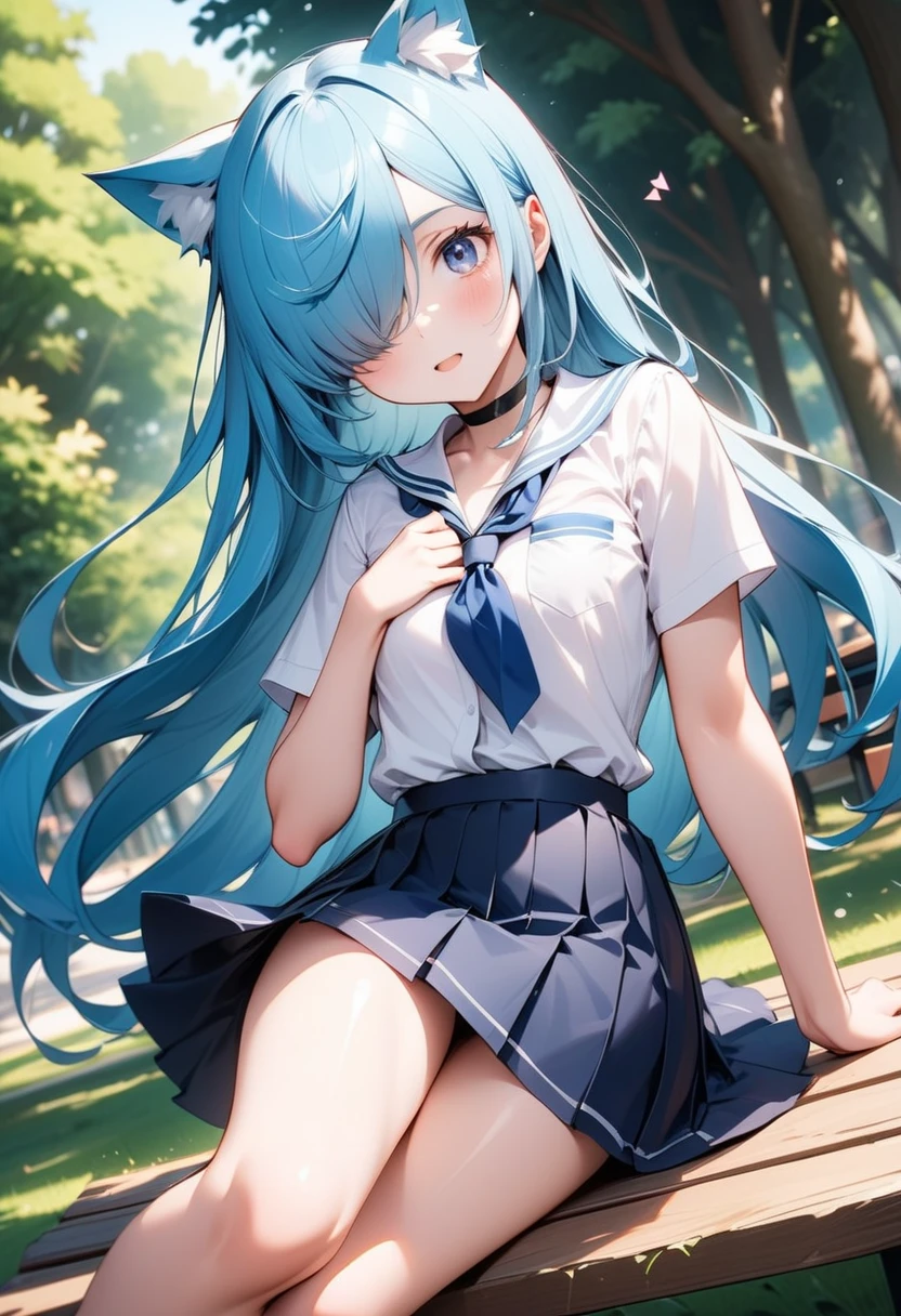 1 girl n blue hair eyes
light black color with white tennis suit with blue in mini skirt white stockings in park