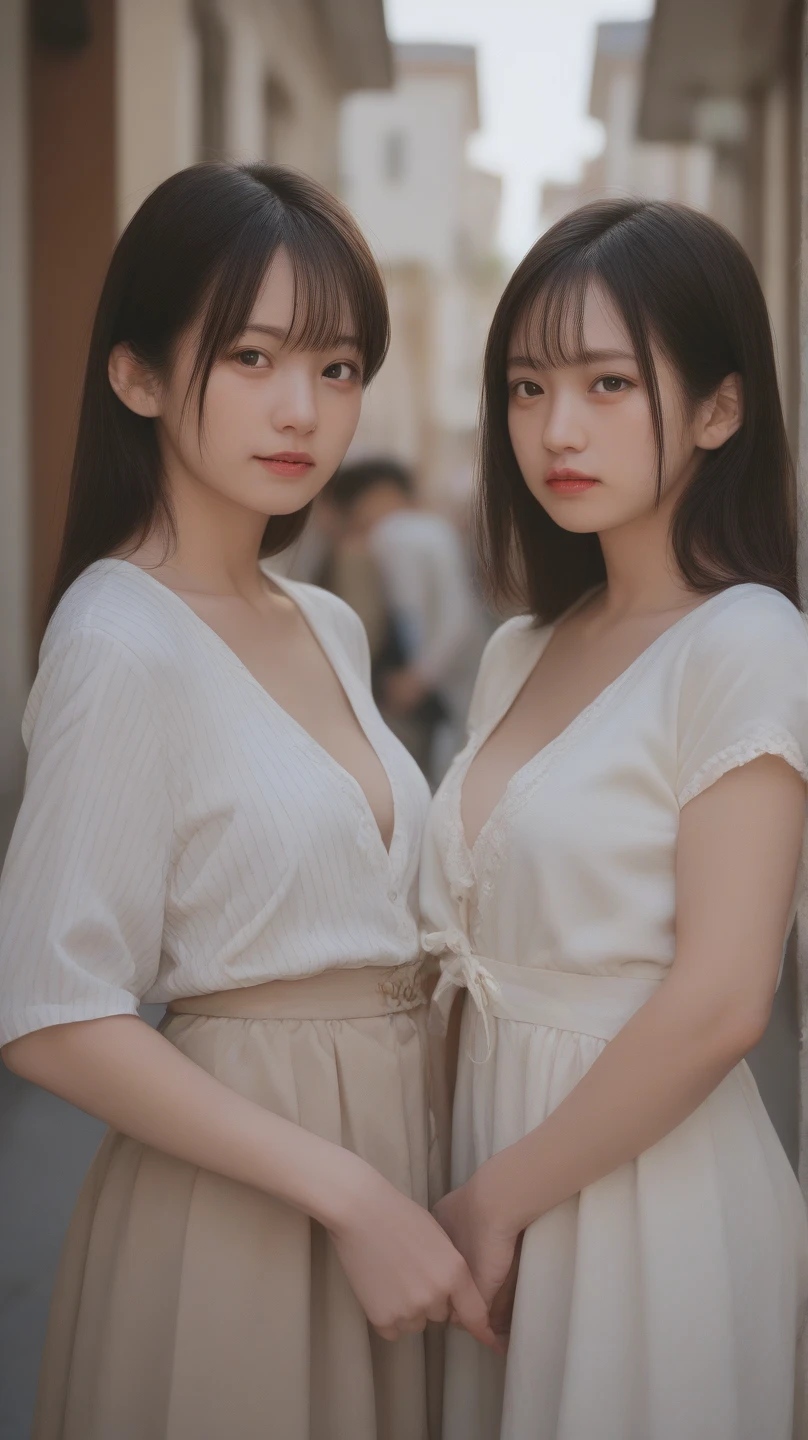 deep makeup,Long Shot, (topless:1.6),(Better lighting, Better Shadows, Very delicate and beautiful), floating, High saturation, Dynamic Angle, ((2 girl)), nice, hair ornaments, bangs, (Skin wrinkles:1.2),