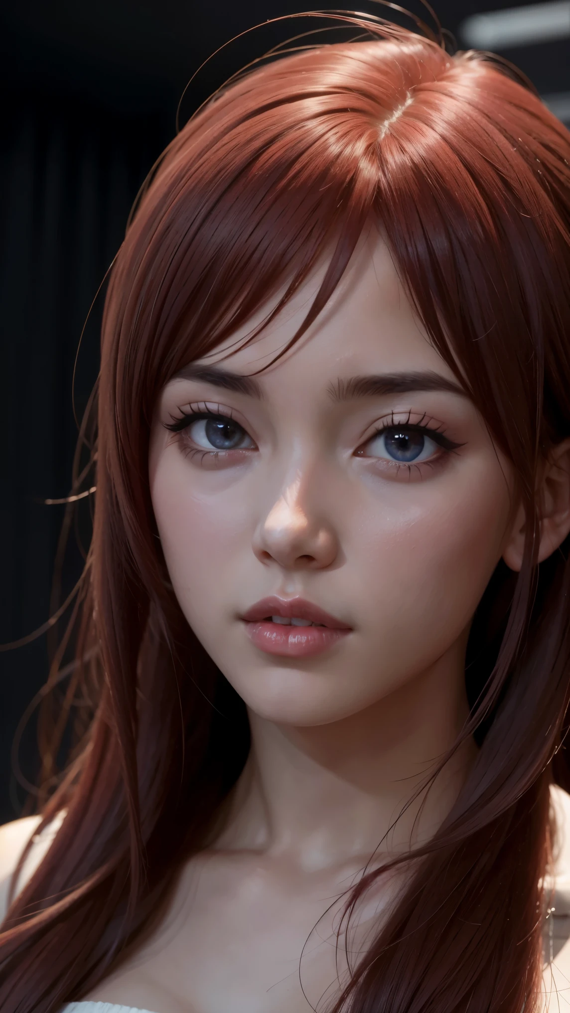 1 , Star Eye, , perfect lighting, red hair, and the eye is red, Unreal Engine, side lighting, Detailed Faces, fringe , glowing skin, simple bottom, dark background