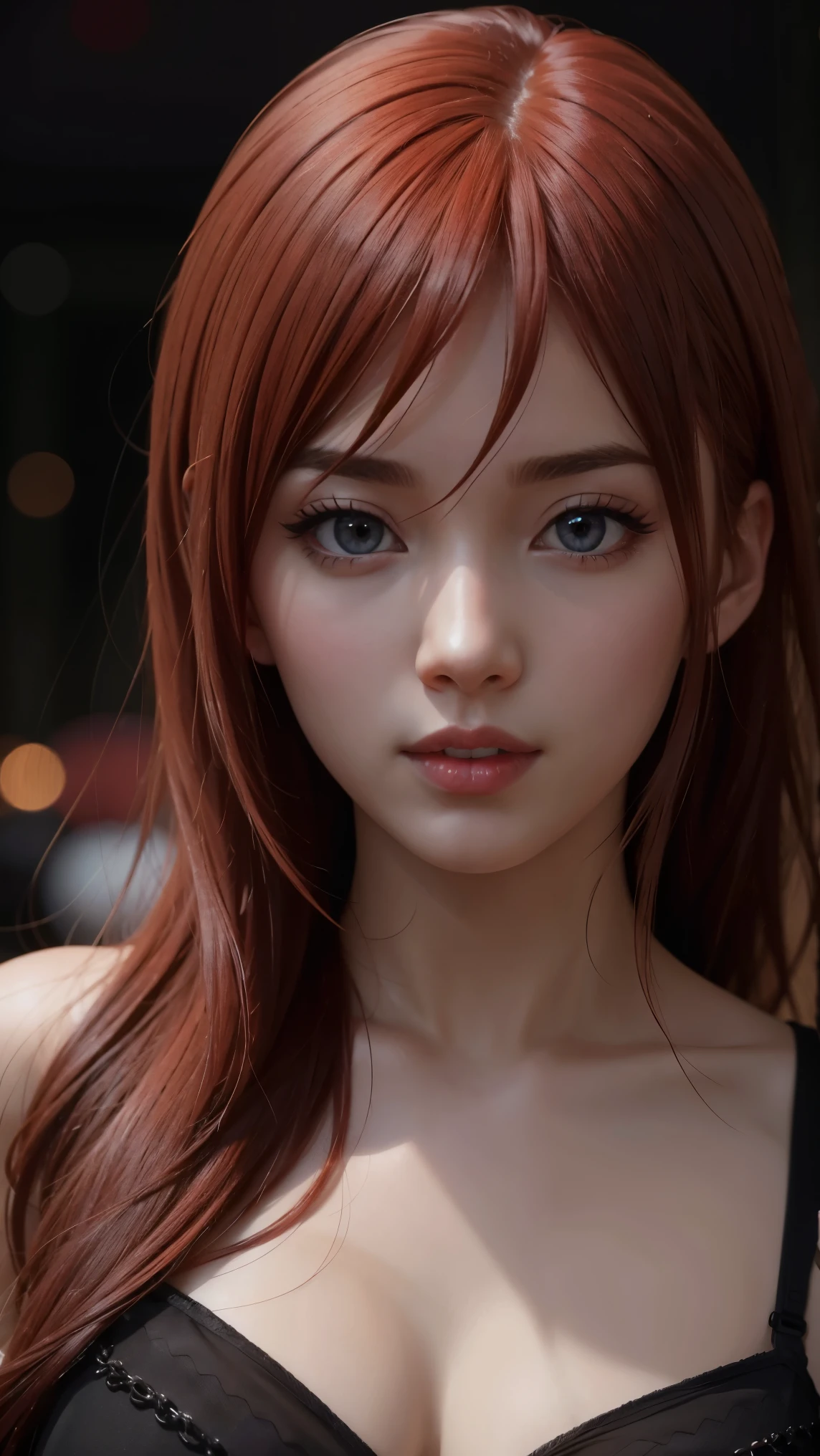 1 , Star Eye, , perfect lighting, red hair, and the eye is red, Unreal Engine, side lighting, Detailed Faces, fringe , glowing skin, simple bottom, dark background