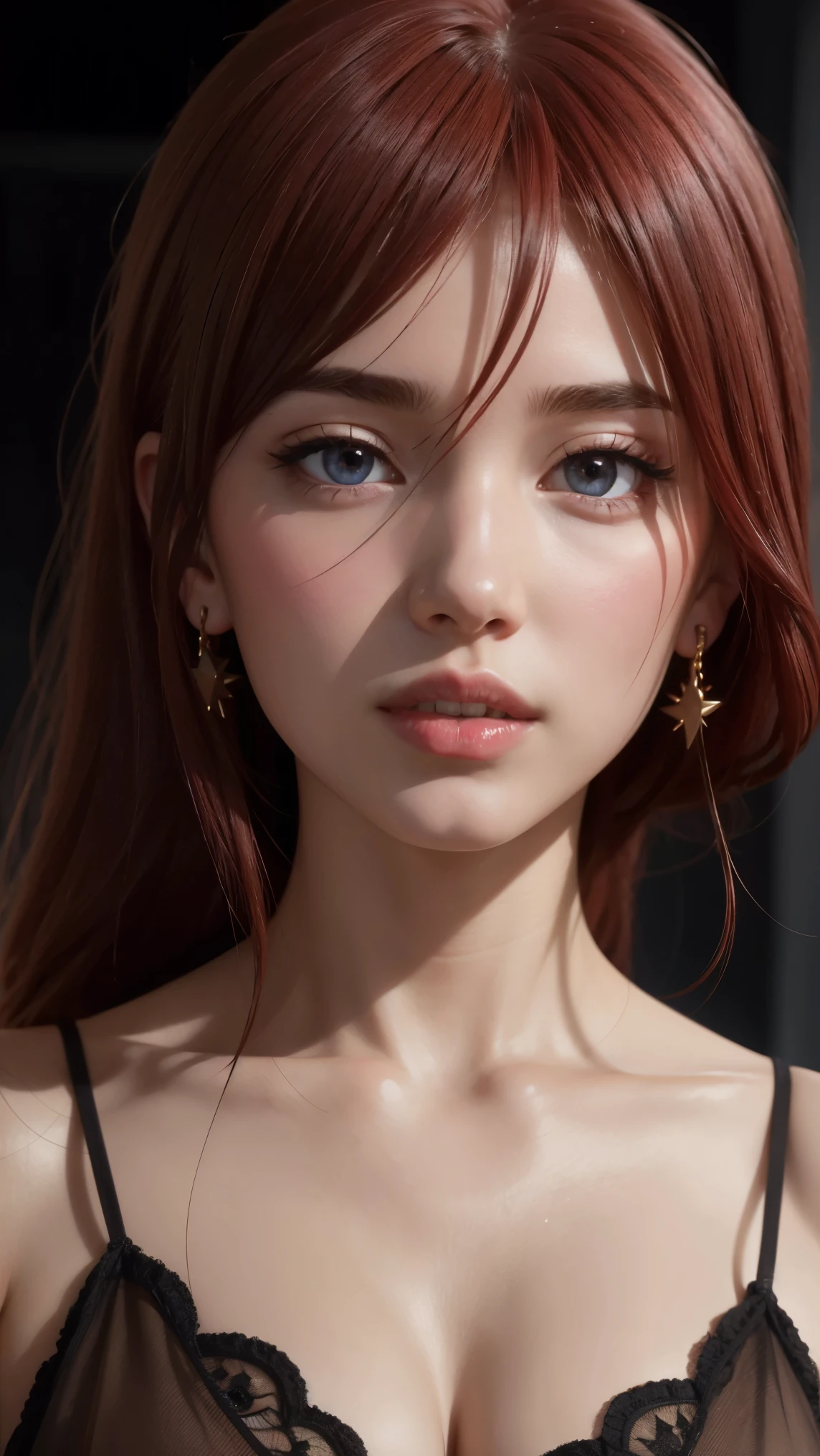 1 , Star Eye, , perfect lighting, red hair, and the eye is red, Unreal Engine, side lighting, Detailed Faces, fringe , glowing skin, simple bottom, dark background