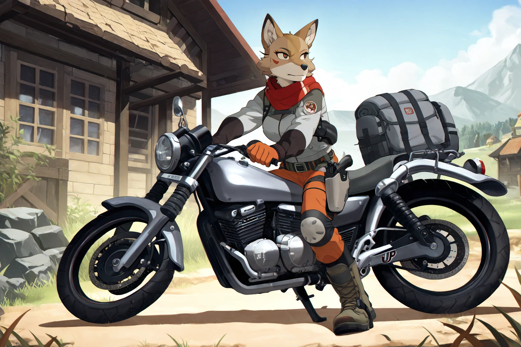 boy, cat, furry, bodyfur, bra, bottomless, gloves, boots, ride, motorcycle, helmet