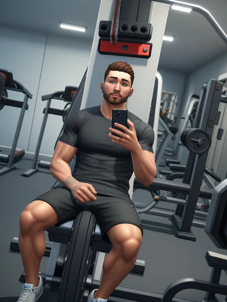 Background: Disney character, black man, hair a little bald, thick lips, open ears, triangular face in a gym, dressed in white t-shirt, black shorts and white tenes with cell phone in hand, taking photo in the mirror