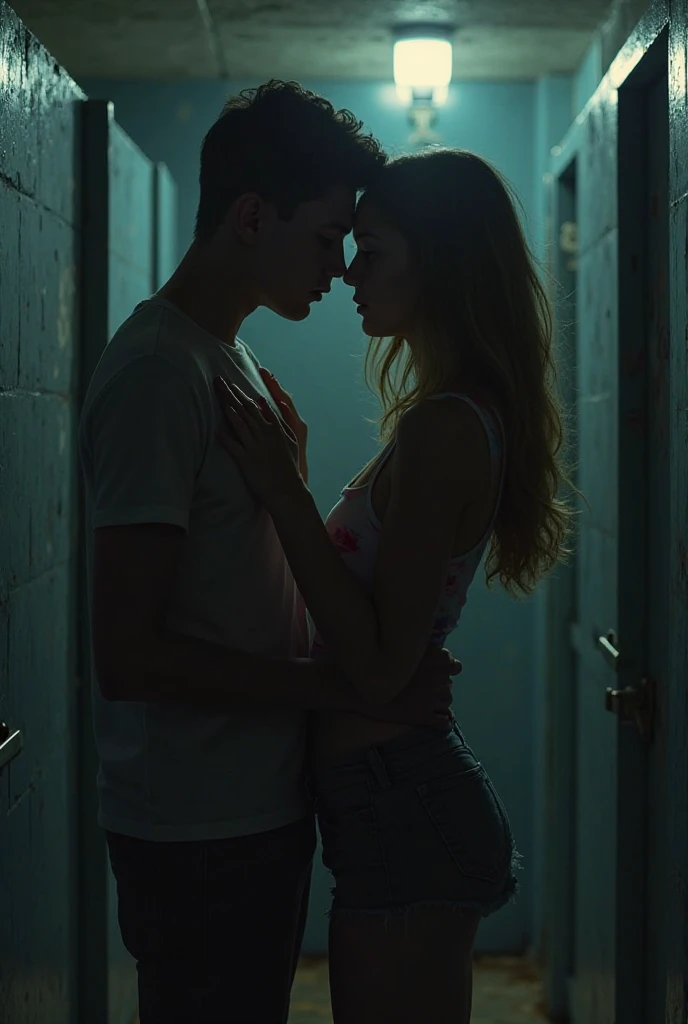 A hooded boy kissing a girl in a modern bathroom while taking a selfie with both their faces barely visible