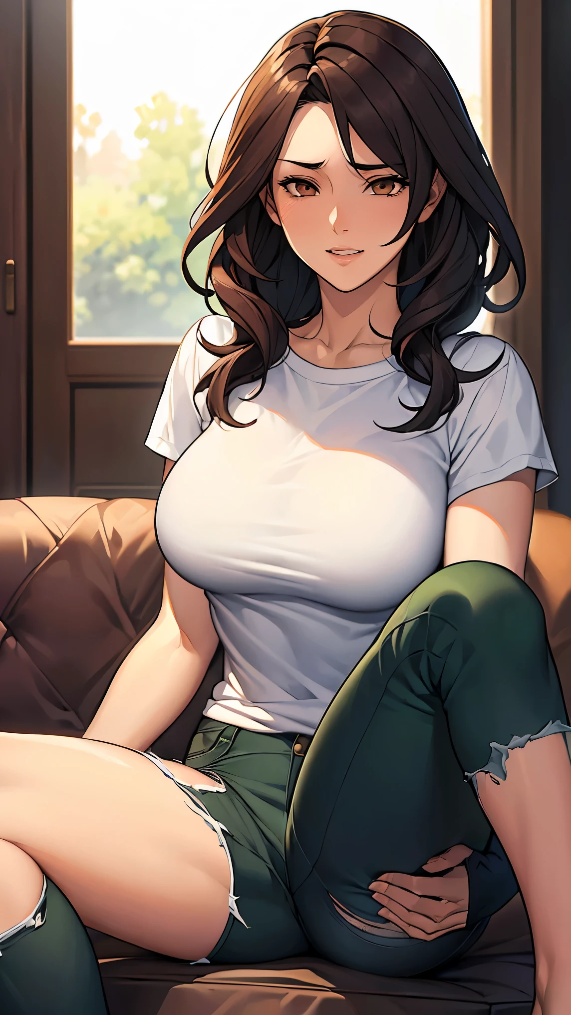 ( The ultimate masterpiece, of the best quality, 8k ), Detailed Faces + eye, (absurd dress), (skindentation), (Best Shadow), (anime), /(Kootsundere Face)/, /(To Save You)/, (completely complete)+, (Fascinating Beauty)+, (nipples), Big Breasts, very curvy, (dark hair), 片eyeにかかる髪, Long messy hair, beautiful hairstyle, (brown eye), plump lips from the hotel, ( Happy Face, Grin ), (cute face), cute, ((beautiful character design)), At home, ( Complicated clothing ), break, professional photo, (Toned Legs, Thighs), Big Breasts, ray tracing, (completely complete)+, octane rendering, good looking t-shirt, ((white) loose t-shirt: 1.3), t-shirt, ((black) jacket: 1. 2), good-looking jeans, ((green) jeans: 1.2), torn jeans, opens clothes, medium chest, ( Shiny Skin), ( healthy body), female 1 person, (Koutsundere Looks {x} Bold Confident Poses), (very sexy+, Gorgeous Woman++, Young Beautiful Woman+), break, ( sitting, towards viewers ), ((Young Beautiful Woman))+