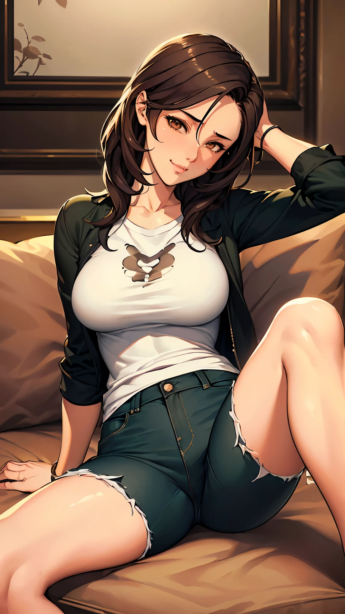 ( The ultimate masterpiece, of the best quality, 8k ), Detailed Faces + eye, (absurd dress), (skindentation), (Best Shadow), (anime), /(Kootsundere Face)/, /(To Save You)/, (completely complete)+, (Fascinating Beauty)+, (nipples), Big Breasts, very curvy, (dark hair), 片eyeにかかる髪, Long messy hair, beautiful hairstyle, (brown eye), plump lips from the hotel, ( Happy Face, Grin ), (cute face), cute, ((beautiful character design)), At home, ( Complicated clothing ), break, professional photo, (Toned Legs, Thighs), Big Breasts, ray tracing, (completely complete)+, octane rendering, good looking t-shirt, ((white) loose t-shirt: 1.3), t-shirt, ((black) jacket: 1. 2), good-looking jeans, ((green) jeans: 1.2), torn jeans, opens clothes, medium chest, ( Shiny Skin), ( healthy body), female 1 person, (Koutsundere Looks {x} Bold Confident Poses), (very sexy+, Gorgeous Woman++, Young Beautiful Woman+), break, ( sitting, towards viewers ), ((Young Beautiful Woman))+