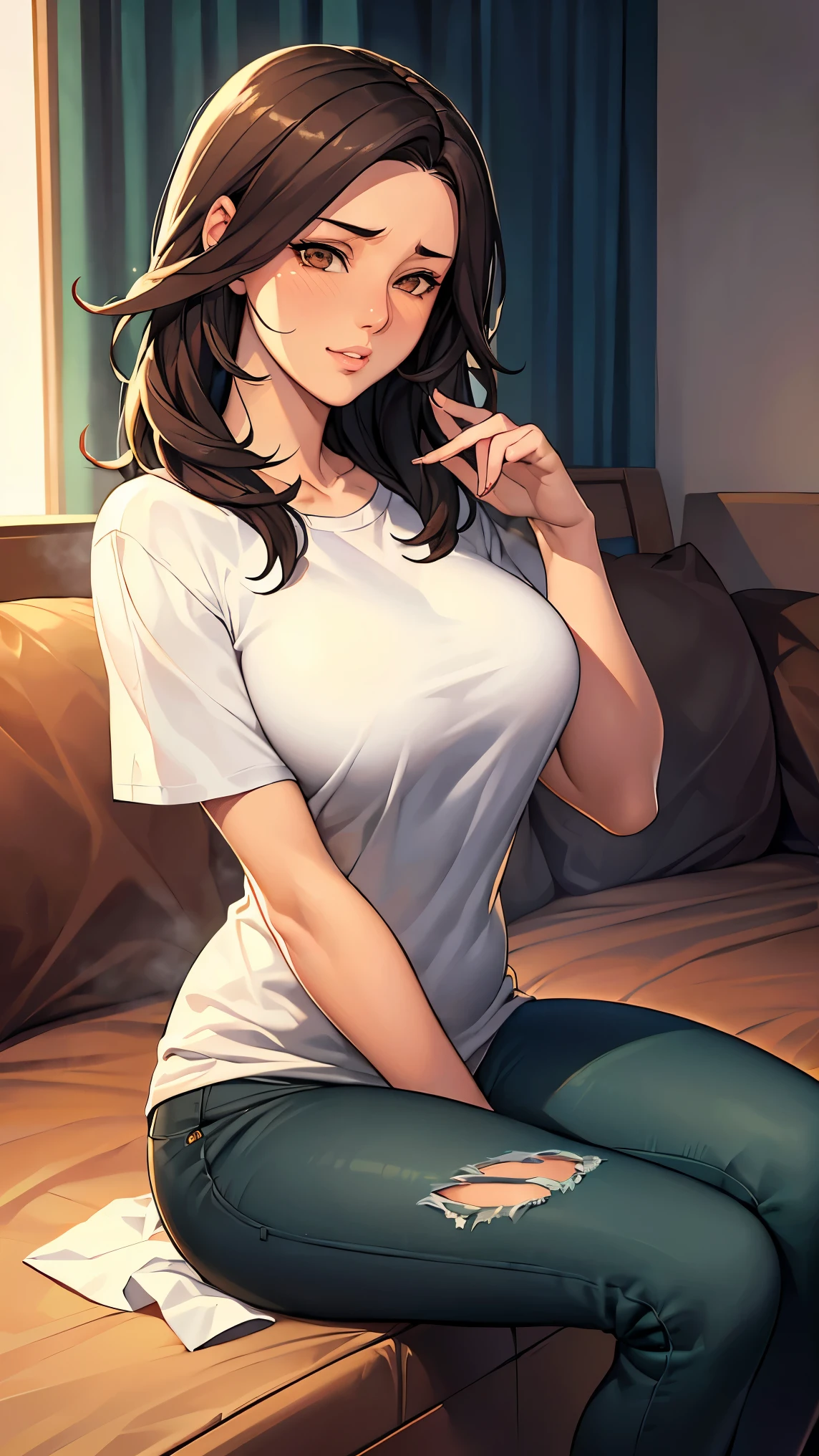 ( The ultimate masterpiece, of the best quality, 8k ), Detailed Faces + eye, (absurd dress), (skindentation), (Best Shadow), (anime), /(Kootsundere Face)/, /(To Save You)/, (completely complete)+, (Fascinating Beauty)+, (nipples), Big Breasts, very curvy, (dark hair), 片eyeにかかる髪, Long messy hair, beautiful hairstyle, (brown eye), plump lips from the hotel, ( Happy Face, Grin ), (cute face), cute, ((beautiful character design)), At home, ( Complicated clothing ), break, professional photo, (Toned Legs, Thighs), Big Breasts, ray tracing, (completely complete)+, octane rendering, good looking t-shirt, ((white) loose t-shirt: 1.3), t-shirt, ((black) jacket: 1. 2), good-looking jeans, ((green) jeans: 1.2), torn jeans, opens clothes, medium chest, ( Shiny Skin), ( healthy body), female 1 person, (Koutsundere Looks {x} Bold Confident Poses), (very sexy+, Gorgeous Woman++, Young Beautiful Woman+), break, ( sitting, towards viewers ), ((Young Beautiful Woman))+