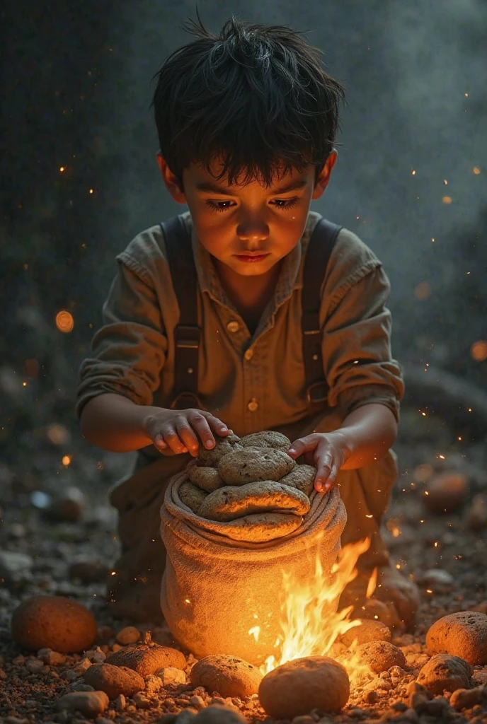 A dream sequence where the boy, dressed in rags, roams a desolate landscape looking for food. The dream is surreal, with the boy reaching for bread that dissolves into dust. The scene is shadowy, with dark clouds overhead, reflecting his inner turmoil.
