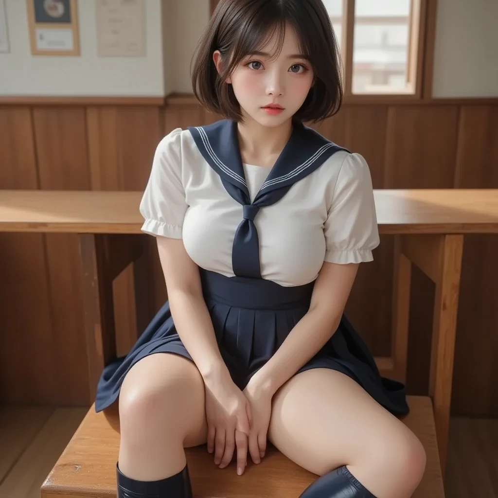 high school girl, , ((Sailor suit:1.3)), ((Red ribbon)), Black pleated skirt, mini skirt, Brown leather shoes, ((Black knee-high socks)), height: 158cm, 16 years old, Realistic, Browsing Caution, ((Pussy Crack:1.1)), ((spread pussy:1.1)), On the stairs in the park, ((Shiny skin:1.3)), cute, cute, Japanese, 最high quality, shape, Very detailed, In detail, High resolution, 8k wallpaper, Perfect dynamic composition, Beautiful details,  Big Breasts, Random sexy poses, whole body, Like a real human being, smile, gravure, 1 female, Black Hair, Long Hair, 15 years old, (Big Breasts:1.3), 最high quality, 8k, high quality, High resolution, (Thick lips), ((Looking at the audience)), double eyelid, Beautiful woman, whole body, Dutch Angle, Fashionable necklaces, Medium Short Hair, (pubic hair:1.3), ((spread legs:1.3))