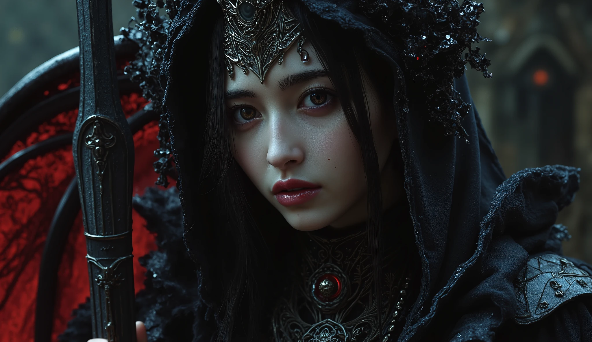 8k, Ultra-high resolution, masterpiece,Highest quality, 1 girl, Detailed face, Detailed large, Very long hair, Straight Long Hair, Small breasts, Black hood 、Complex Pattern、Medieval Assassin, Silver chains shining in the night, Detailed intricate chain, Highly detailed chain,Gloomy atmosphere, Dark fantasy, Gothic