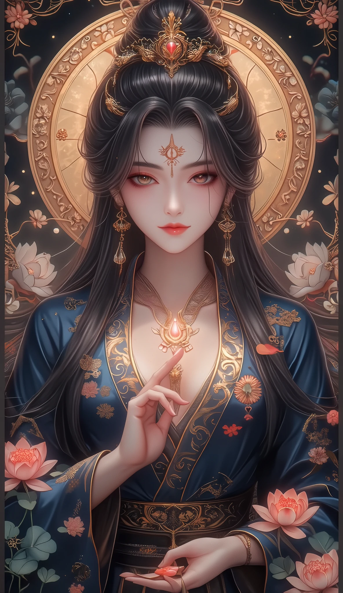 ((of the best quality)),( ultra high definition),( very well detailed),( detailed description ),(( best CG )),( best artwork ), Ultra Precise Art , Amazing Painting Art,( Exquisite Art:1.5), female, beautiful and well-groomed face, deep cleavage, lustrous hair, Silk robe, Lotus flower, mysteriousな微笑み, mysterious, Relief , Yasuraku,