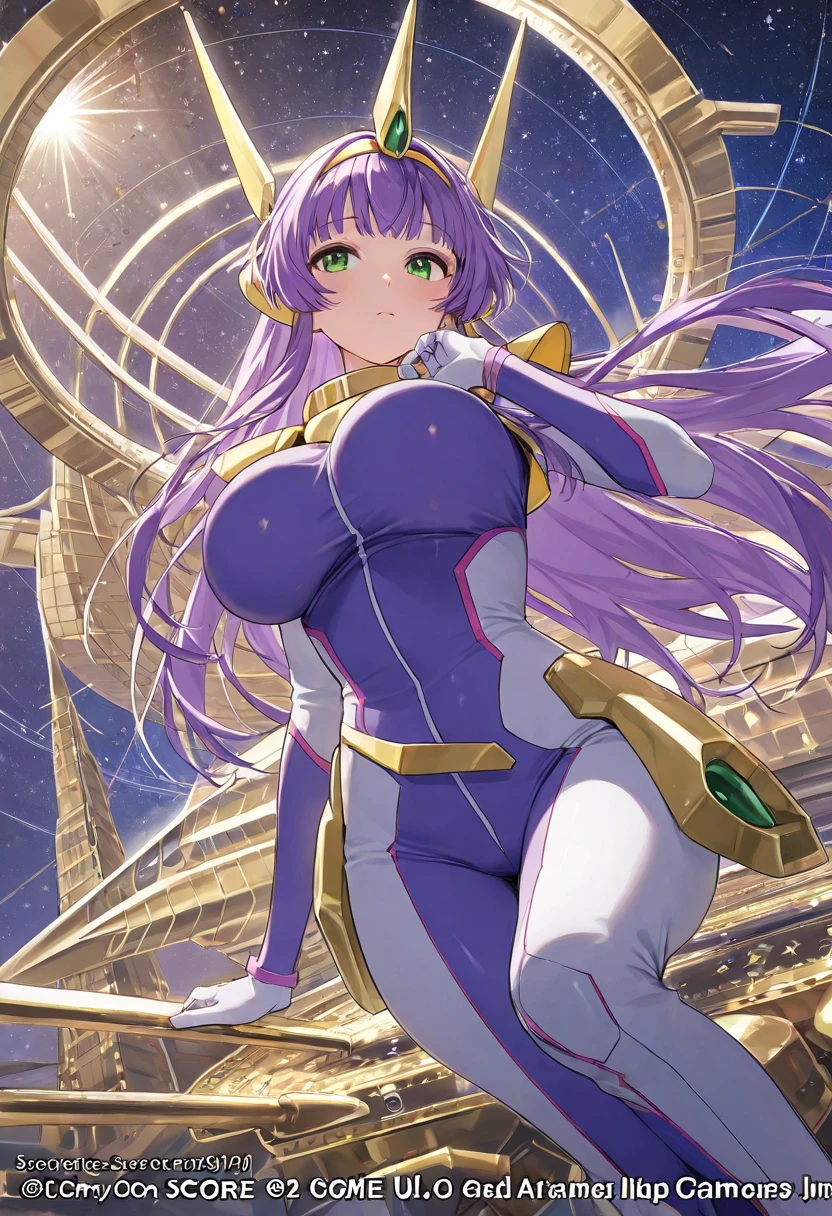 A young sexy woman with long purple hair and sexy clothes sits in a spaceship seat、A beautiful starry sky can be seen from the window.。