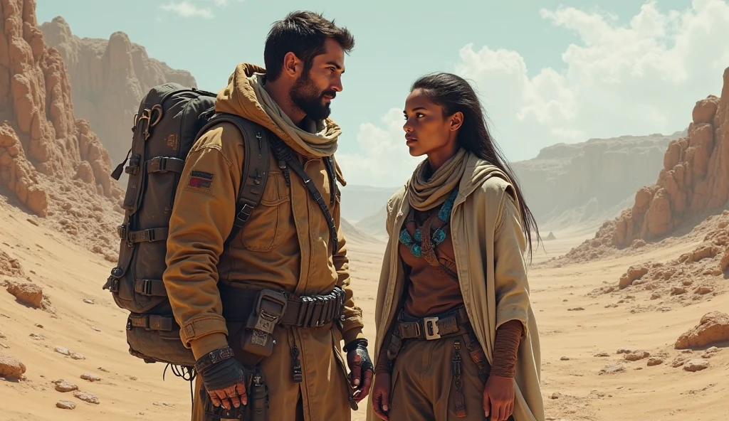 (photorealism:1.2), Zendaya and Timothée Chalamet jackets standing in front of a bright orange background, scene from film Dune 2, arrakis, warrior, giant worm, 