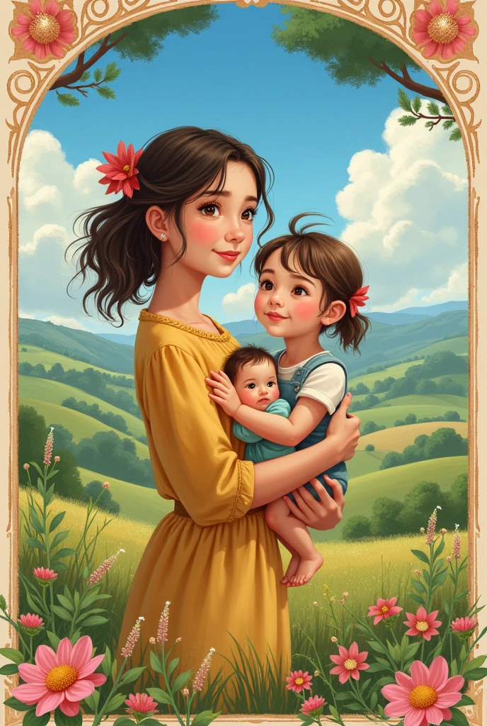 Helga Sinclair, her holding baby girl, Victorian dress, huge breasts, glowing crystal necklace, white top brown skirt, smile, white button blouse, buttons undone, hair up, brown hat with yellow flowers, looking at viewer, in park, green hedges