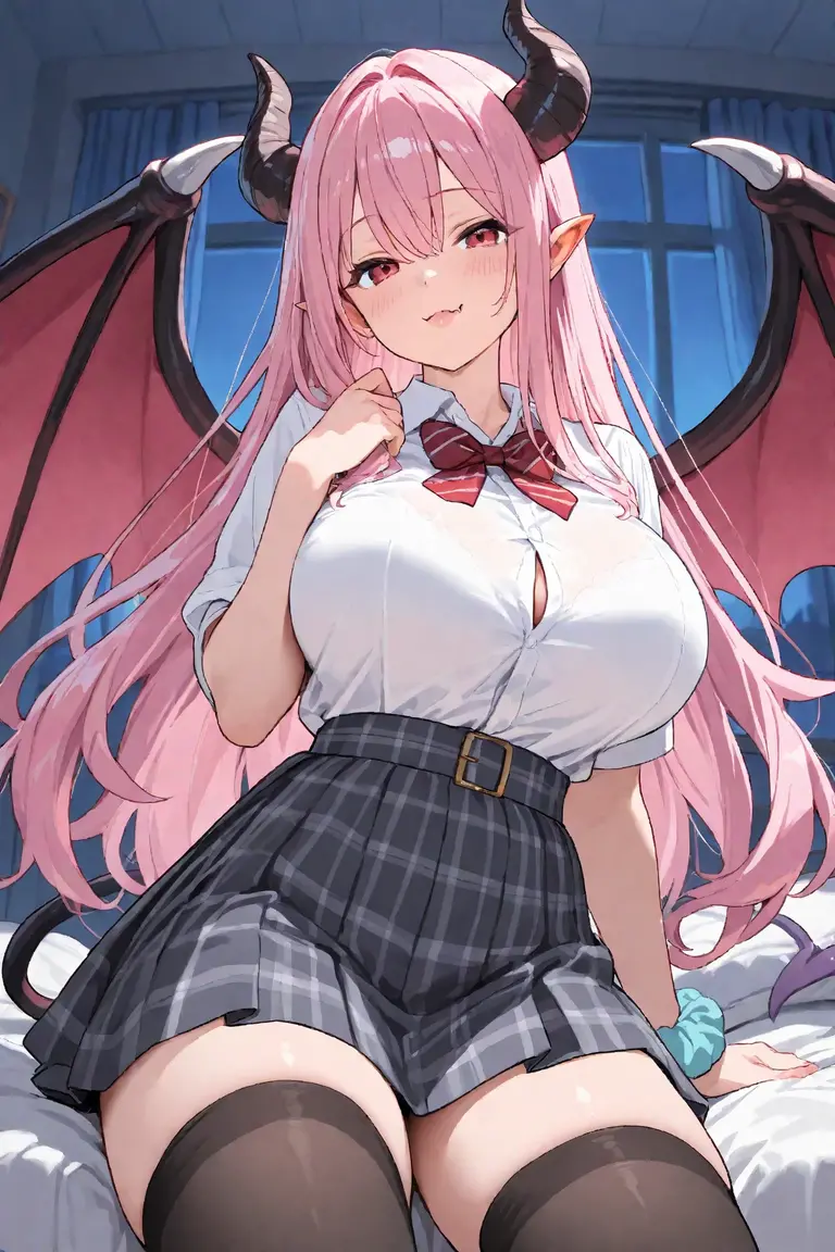 masutepiece,Perspective,POV, From below, denier, Demon Girl, Demon Wings, red demon horns,Big breasts, Pink hair,Medium Hair,Yellow eyes,pointed ear cross halter:0.8),(White shirt:1.1), 鎖骨, Black pencil_Skirt, Stockings,Red Nails,Naughty face,Seductive smile,