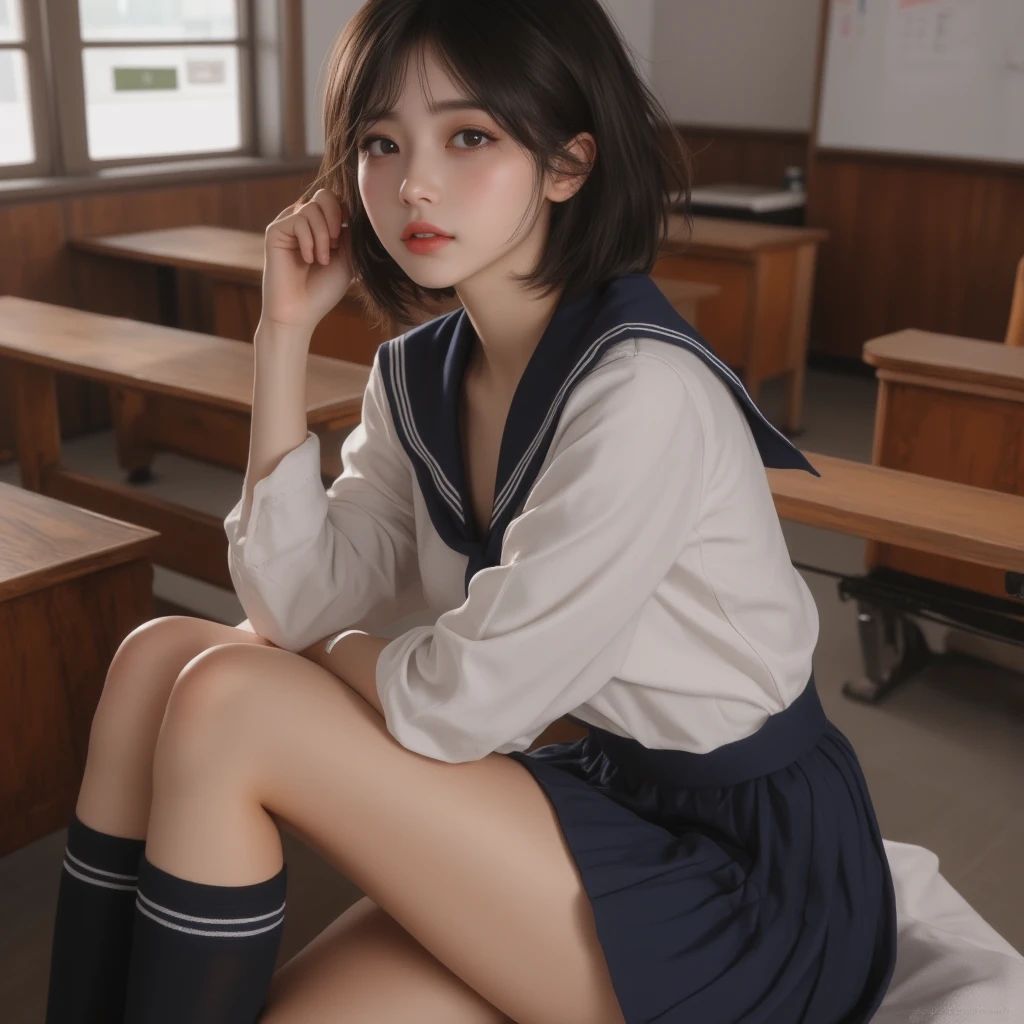 ulzzang -6500-v1.1, (Raw foto:1.2), (Photorealsitic:1.4), a beautiful detailed girl, extremely detailed eye and face, beatiful detailed eyes, Ridiculous, unbelievable Ridiculous, huge filesize, ultra-detailliert, hight resolution, ighly detailed, top-quality, masterpiece, Kemomimi, ((Japanese girls' high school uniform)), illustratio, ighly detailed, nffsw, unification, 8k wallpaper, astonishing, finely detail, masterpiece, top-quality, Highly detailed ticker uniform 8K wallpaper, face lights、Cinematographic lighting、1girl in、、(witheout panties)、((dynamicposes)))、(camel's toe)、(half)、、(Crooked knees and legs sitting))