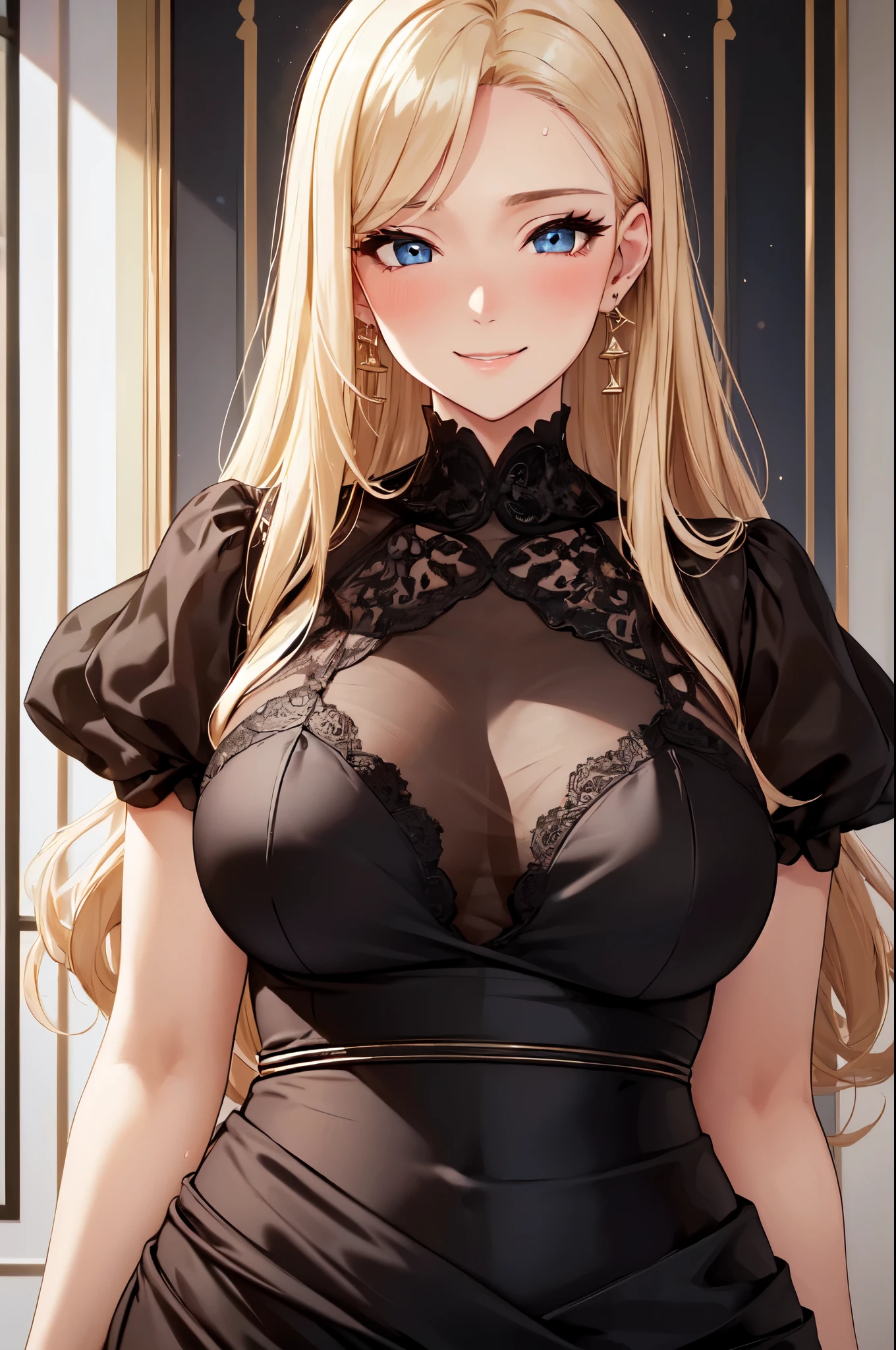 A beautiful young woman, 1girl, hourglass figure, seductive pose, printed design black traditional blouse and long skirt, silky blunt blonde hair, heavy silver jhumka earrings, cleavage, detailed face with stunning eyes, full lips, flawless makeup, dark cinematic lighting, dramatic photorealistic effect, masterpiece-level 8K rendering, ultra-detailed, realistic, photo-realistic, HDR, UHD, studio lighting, ultra-fine painting, sharp focus, physically-based rendering, extreme detail description, professional, vivid colors, bokeh