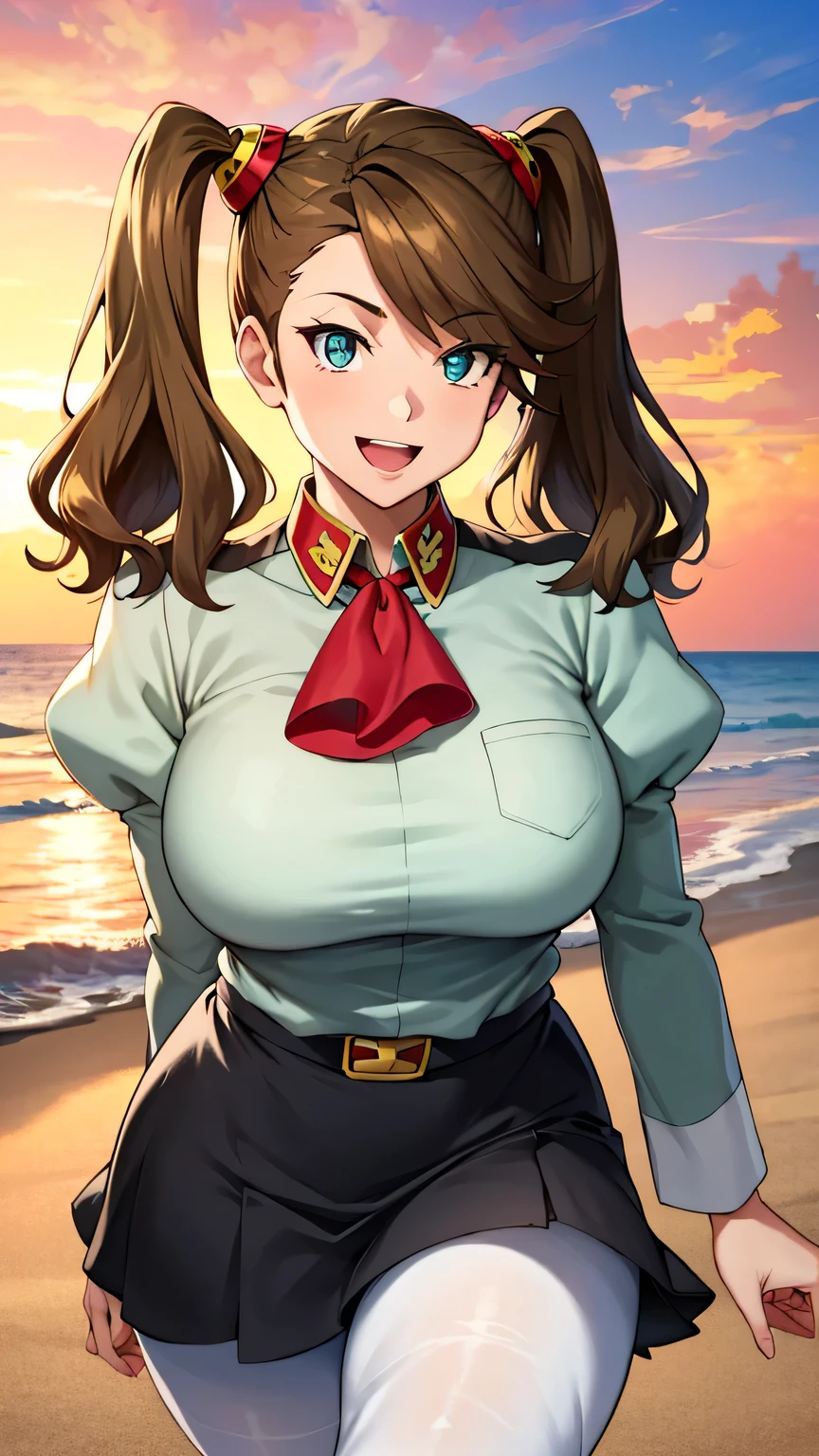 {{{masterpiece}}}, (best quality:1.5), (ultra-detailed:1.5), {illustration}, {{an extremely delicate and beautiful}}, (beautiful detailed eyes:1.6), absurdres, highres, extremely detailed face, 16k, hd, visual anime de uma jovem mulher, extremamente bonito rosto de anime, anime melhor garota, (perfect hands, perfect anatomy), anime face, kaoruko sazaki(Gundam Build Fighters Try), kaoruko, cute face, round face, long hair, brown hair, hair ornament, twintails, swept bangs, {brown eyes:1.5}, big breasts, slim waist, big hips, curvaceous, plump thighs, BREAK, (puffy sleeves:1.2), light green shirt, short length shirt, shirt tuck in, long sleeves, ascot, red ascot, white belt, square cross buckle, pantyhose, white pantyhose, high-waist skirt, mini skirt, black skirt, BREAK, standing, looking at viewer, outdoor, sky, sea, evening, beach, nicebeach, waves, crowd of people, standing, smiling, open mouth, smirk, walk, sunset