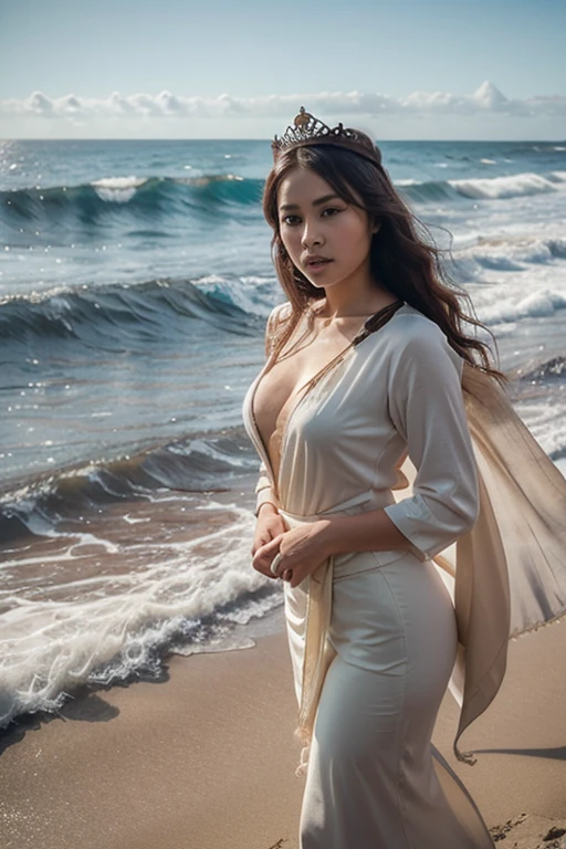 a solo gigantic traditional Thai female giant, walking in the sea, dress in Thai ancient green sash, big gold belt, half of her body up from the ocean surface, beautiful detailed eyes, beautiful detailed lips, extremely detailed face, long eyelashes, extremely detailed anatomy, hyper realistic, 8k, photorealistic, cinematic lighting, dramatic lighting, volumetric fog, atmospheric, moody colors, vibrant colors, saturated colors, beautiful ocean landscape, waves, water splashing, dramatic sky, epic, cinematic, dramatic composition