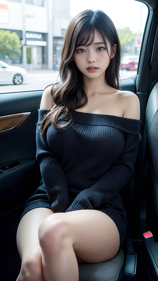 a girl, In the cabin of a Boeing passenger plane, (happy expression), shirt、Short skirt、Lace、, Expose chest and thighs, smooth and shiny skin, Snow-whiteskin, waist up, Heads-up lens, 8k raw, black long curly hair, more skin, black long curly hair, (Large Breasts、Hold up your clothes、Cleavage), (((Background blur lens effect、F/0.95 large aperture))), UHD, anatomically correct, retina, super detail, award winning, best quality, high details, textured skin, masterpiece, accurate, high quality, highres, 1080P, 16k