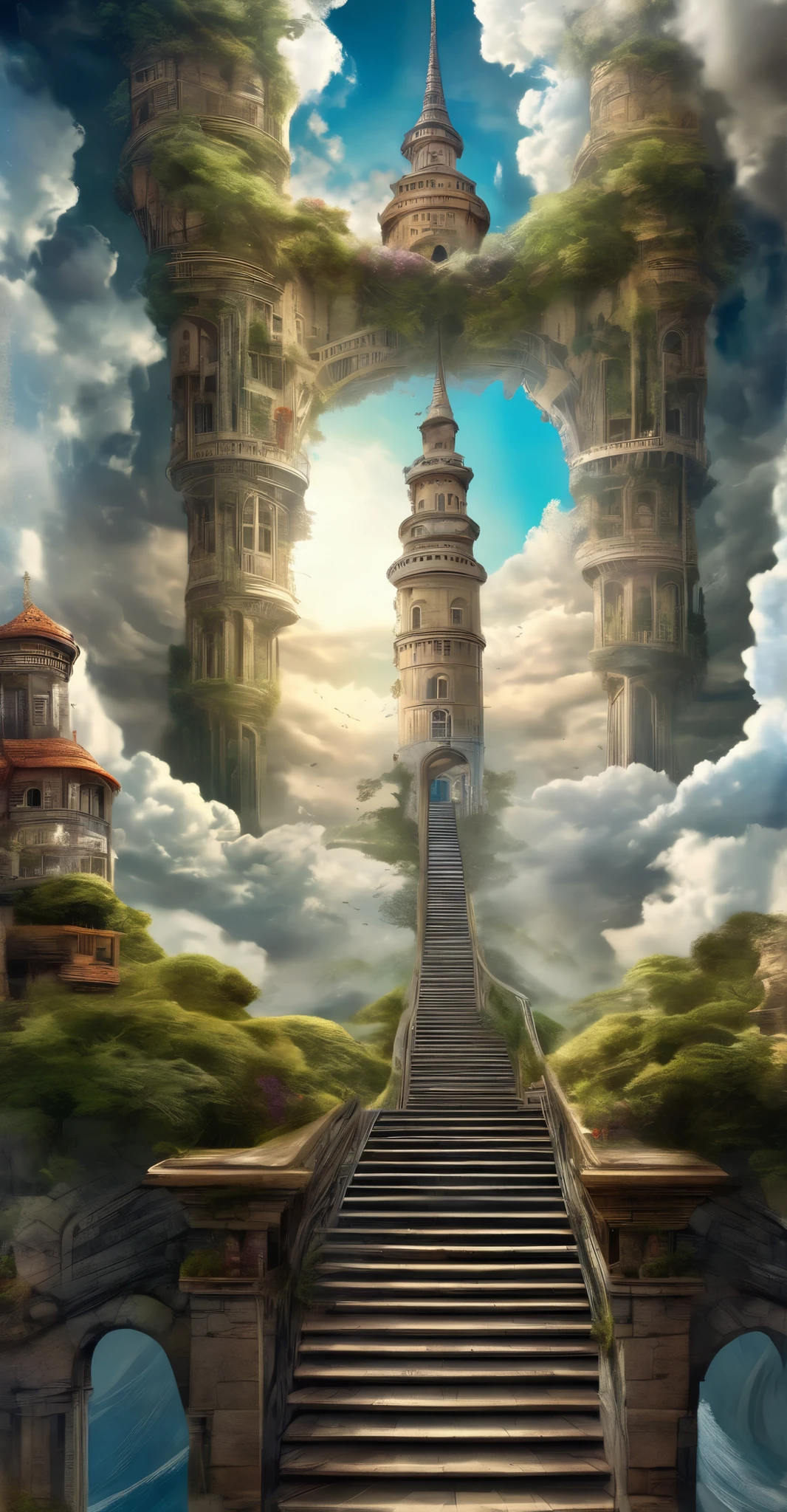 WITH A VIEW THROUGH THE STAIRS TO THE TOWER 、A , surreal concept art, complex and spectacular composition , spectacular symmetrical fantasy art, surreal and fantasy art, breathtaking fantasy art , fantasy surrealism, very detailed fantasy art, Stairway to Heaven, surreal + very detailed, Exquisite Matte Paint , spectacular Exquisite Character Art, 4k very detailed digital art