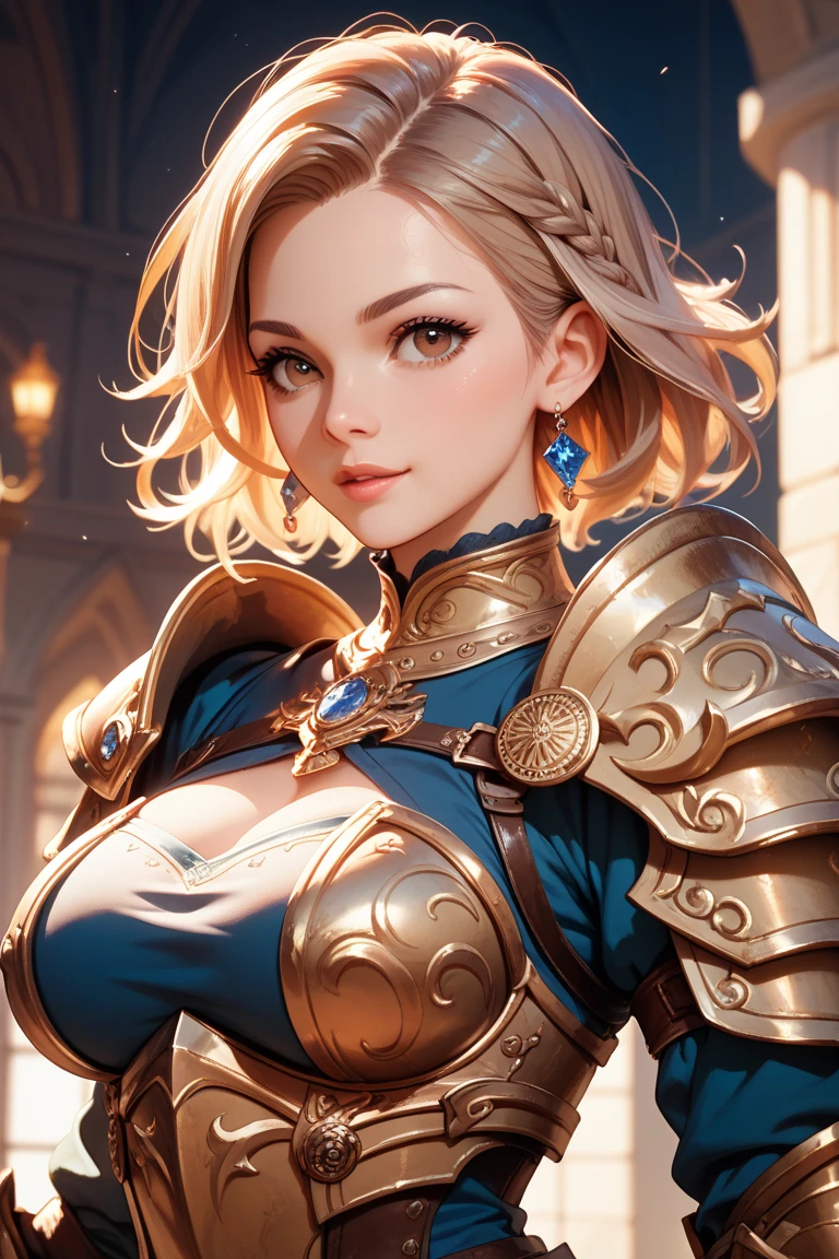 1 woman, medieval, queen, Caucasian, light skin, blue eyes, plump lips, absolutely beautiful face, large breasts, cleavage, wide hips, elegant armour chestplate, heavy cleavage, straight blonde hair, detailed skin, skin detail, (best quality,4k,8k,highres,masterpiece:1.2),ultra-detailed,dramatic lighting,