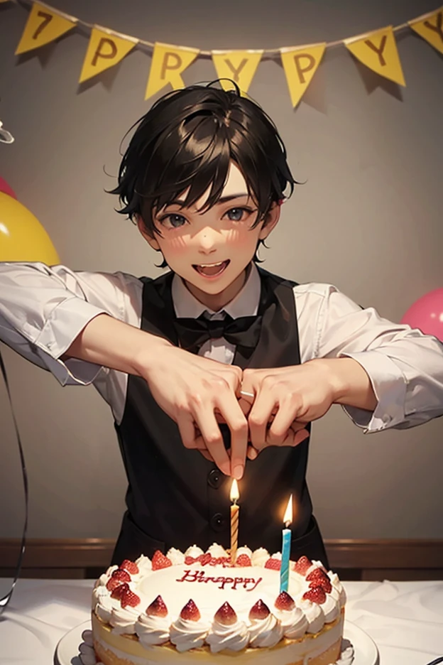 Make a 7-year-old boy celebrating his birthday with many classmates and plenty of ornament and a beautiful cake --auto