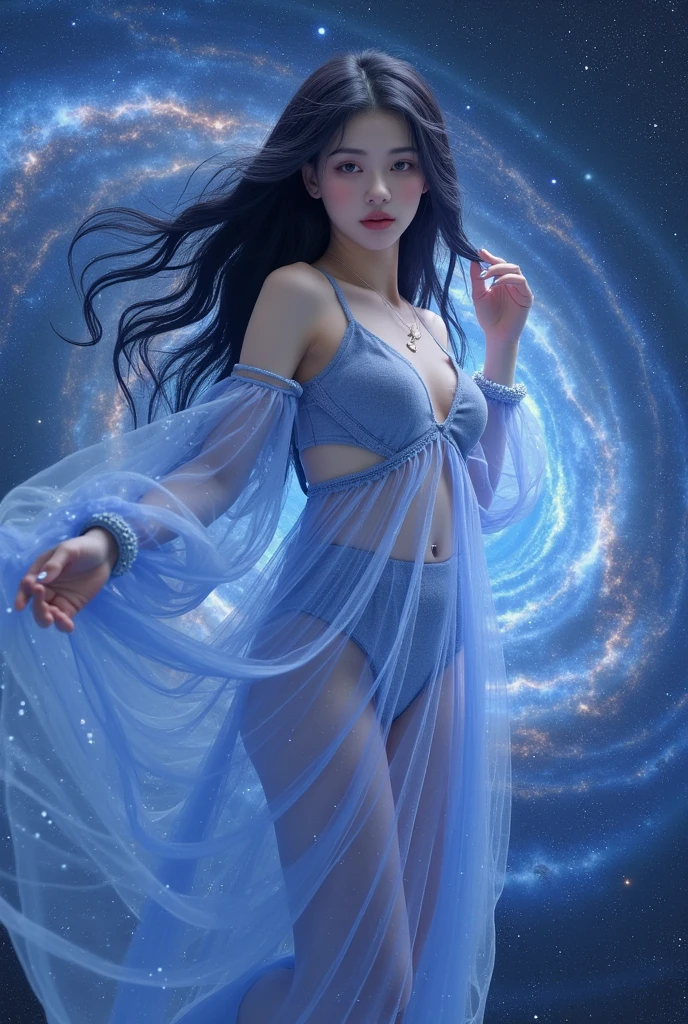 (((at night))), 1girl, solo, under starry sky, surrounded by spiral ethereal aurora, photo realistic huge-breast gorgeous busty slim woman, perfect face, wind-blowing black long hair, (((extreamly low-cut translucent:2.2 high-waist one-piece galaxy glowing short minidress exposing G-string panty))), smoky twirl dress, off shoulder, (((breast cleavage))), free dancing with the rythem of aurora lights, standing hip-up pose, (slow motion blur effects), (((half-body low angle above thigh medium shot))), dark background:1.8