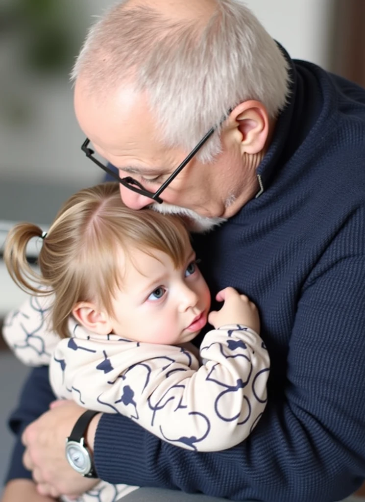 A 4 year old girl with blue eyes with her father tall and white green eyes