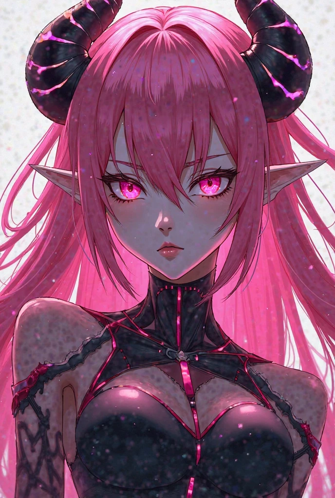 A female demon with pink hair with blue tips , hornless, anime style 
