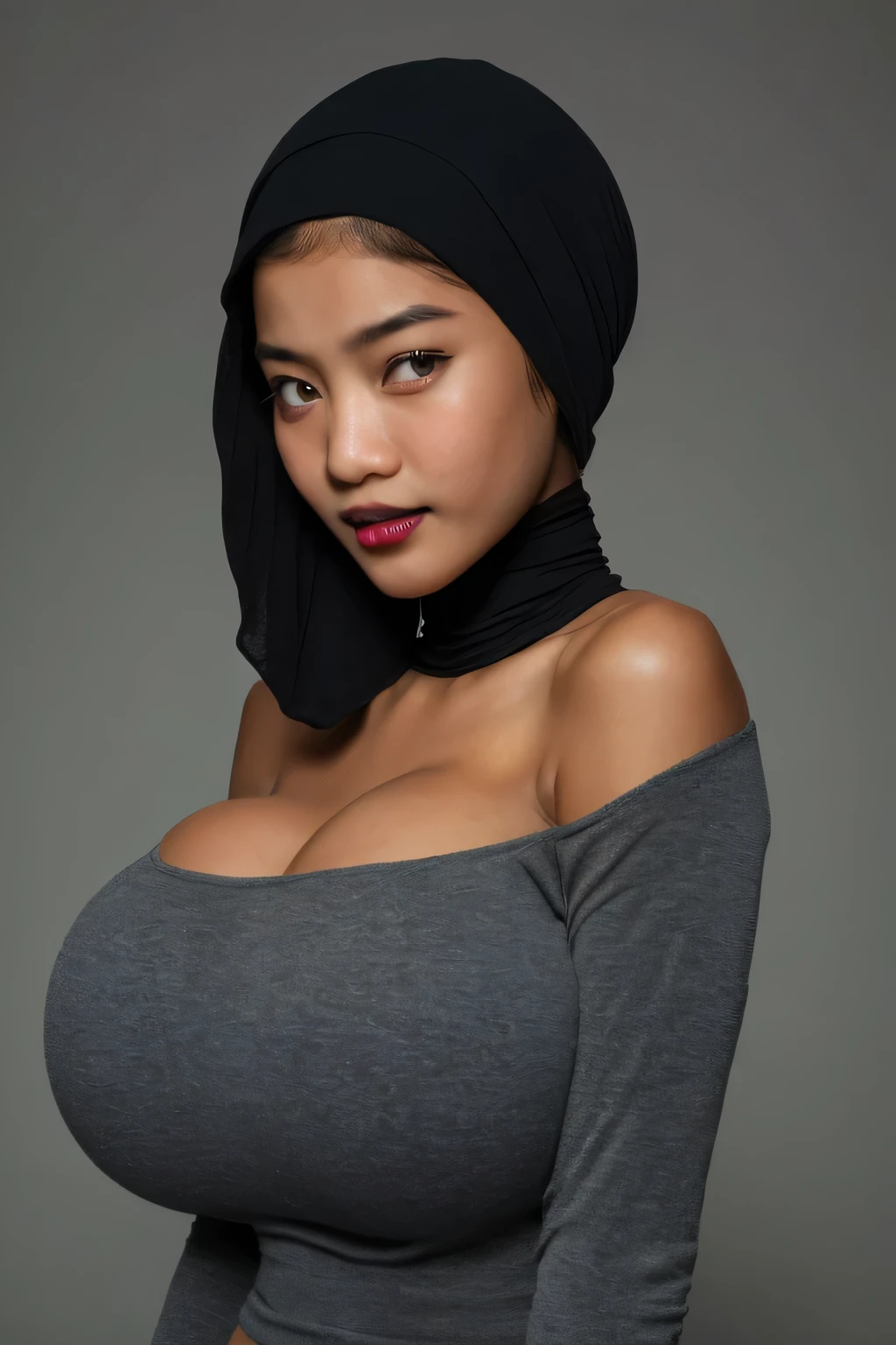 Skinny, green fluorescence Strapless Jumbo (Fatty), adorable, (1 girl), (face to face), , baby face, sad, half body portrait, (face details: 1), (eye details: 1), ((big breasts Solid:1.54)). wearing translucent (transparent) transparency (soft short t-shirt cropped) , hijab, .. Cute posed. proportional body. Ultra High Res. realistic: 1.4, UHD, view from side seductive pose, (Lulu Chu:1.3), (Dark blue Lipstick:1.2), (sad face expressions:1.3) LITTLE SMALL GIRLS, LITTLE SMALL GIRLS, LITTLE SMALL GIRLS, (shine dark black tone skin:1.7)