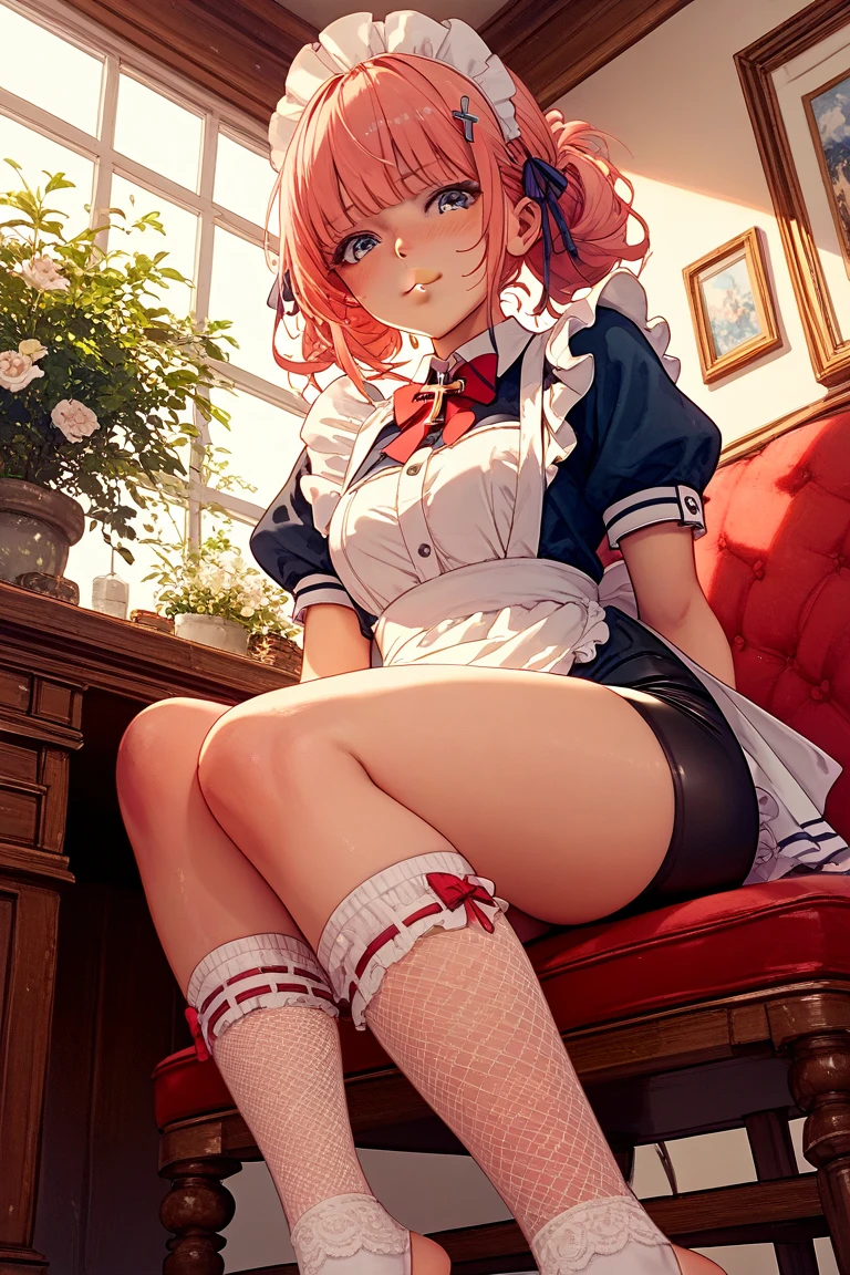 (masterpiece)(8k)(cute)(facial close-up) a 18-year old girl, white apron, sitting on chair, leg hanging over armchair, masturbation, orange hair, short hair, wild messy hair, white bandana, choker necklace, goth, upskirt, maid, emo, lime green pupils, seductive smile, semen, (glossy lips:1.2), shiny lips, eyeshadow, night, modern architecture, rossdraws pastel, digital wallpaper art, anime 8k style, blurry background