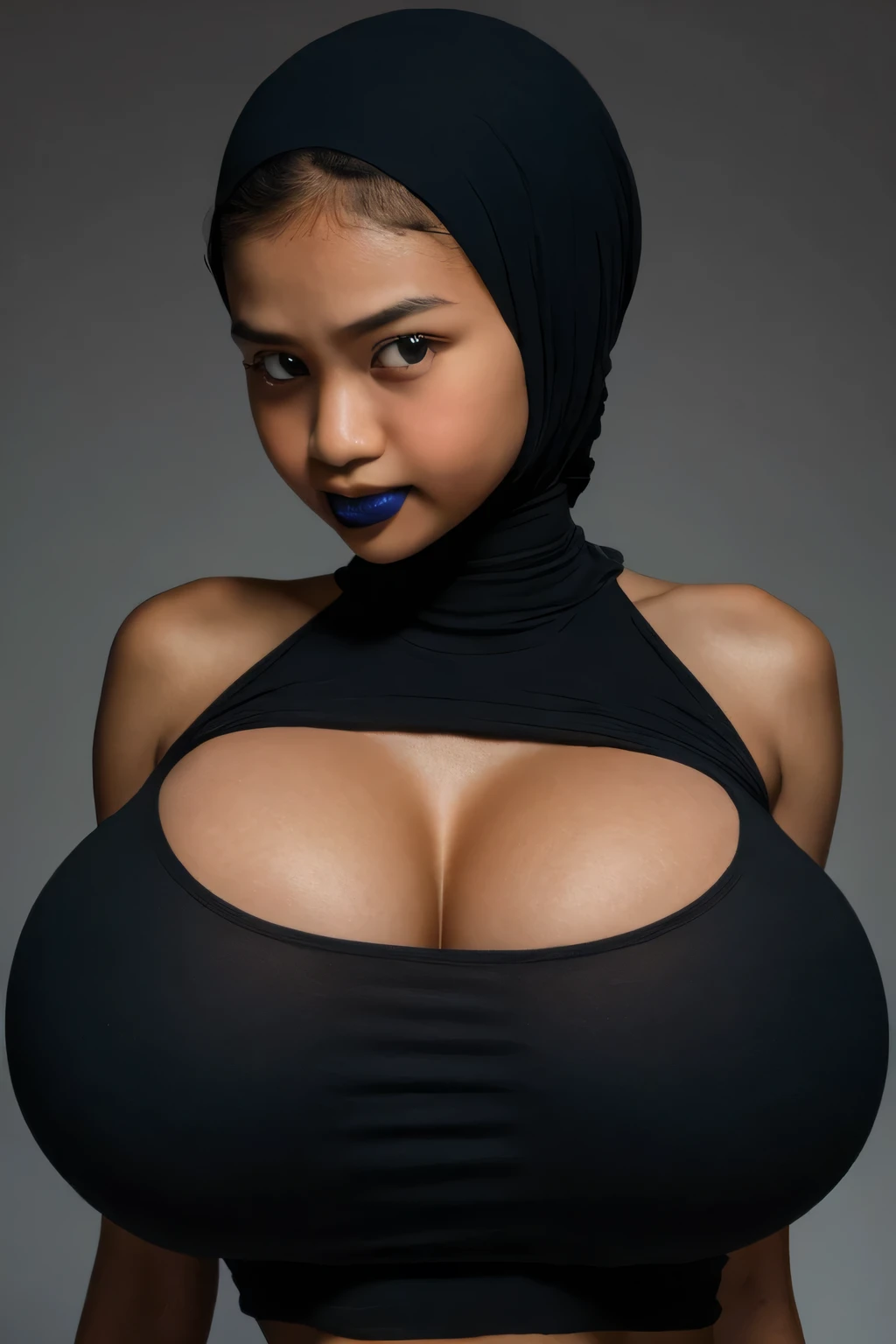 ((GOTHIC GOTH GIRL BLACK LIPS)), Jumbo (Singlet), Chubby adorable, 1 girl, (face to face), 10 years old, baby face, angry face expression, half body portrait, (face details: 1), (eye details: 1), ((big breasts)). wearing transparent transparency soft long shirt, hijab, .. Cute posed. proportional body. Ultra High Res. realistic: 1.4, UHD, ((leopard pattern)), ((Bigger:2.4)), (((DARK BACKGROUND)))