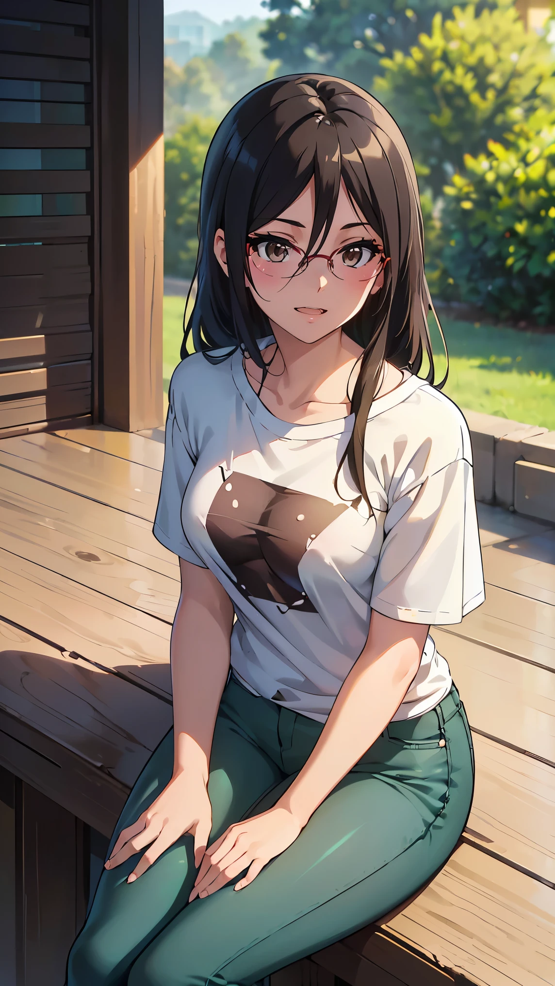 ( The ultimate masterpiece, of the best quality, 8k ), Detailed Faces + eye, (absurd dress), (skindentation), (Best Shadow), (anime), /(Kootsundere Face)/, /(To Save You)/, (completely complete)+, (Fascinating Beauty)+, (nipples), very curvy, (dark hair), 片eyeにかかる髪, Long messy hair, beautiful hairstyle, (brown eye), plump lips from the hotel, ( Happy Face, Grin ), (cute face), cute, ((beautiful character design)), At home, ( Complicated clothing ), break, professional photo, (Toned Legs, Thighs), ray tracing, (completely complete)+, octane rendering, good looking t-shirt, ((white) loose t-shirt: 1.3), t-shirt, ((black) jacket: 1. 2), good-looking jeans, ((green) jeans: 1.2), torn jeans, opens clothes, (very small breasts:1.3), ( Shiny Skin), ( healthy body), female 1 person, (Koutsundere Looks {x} Bold Confident Poses), (very sexy+, Gorgeous Woman++, Young Beautiful Woman+), break, ( sitting, towards viewers ), ((Young Beautiful Woman))+