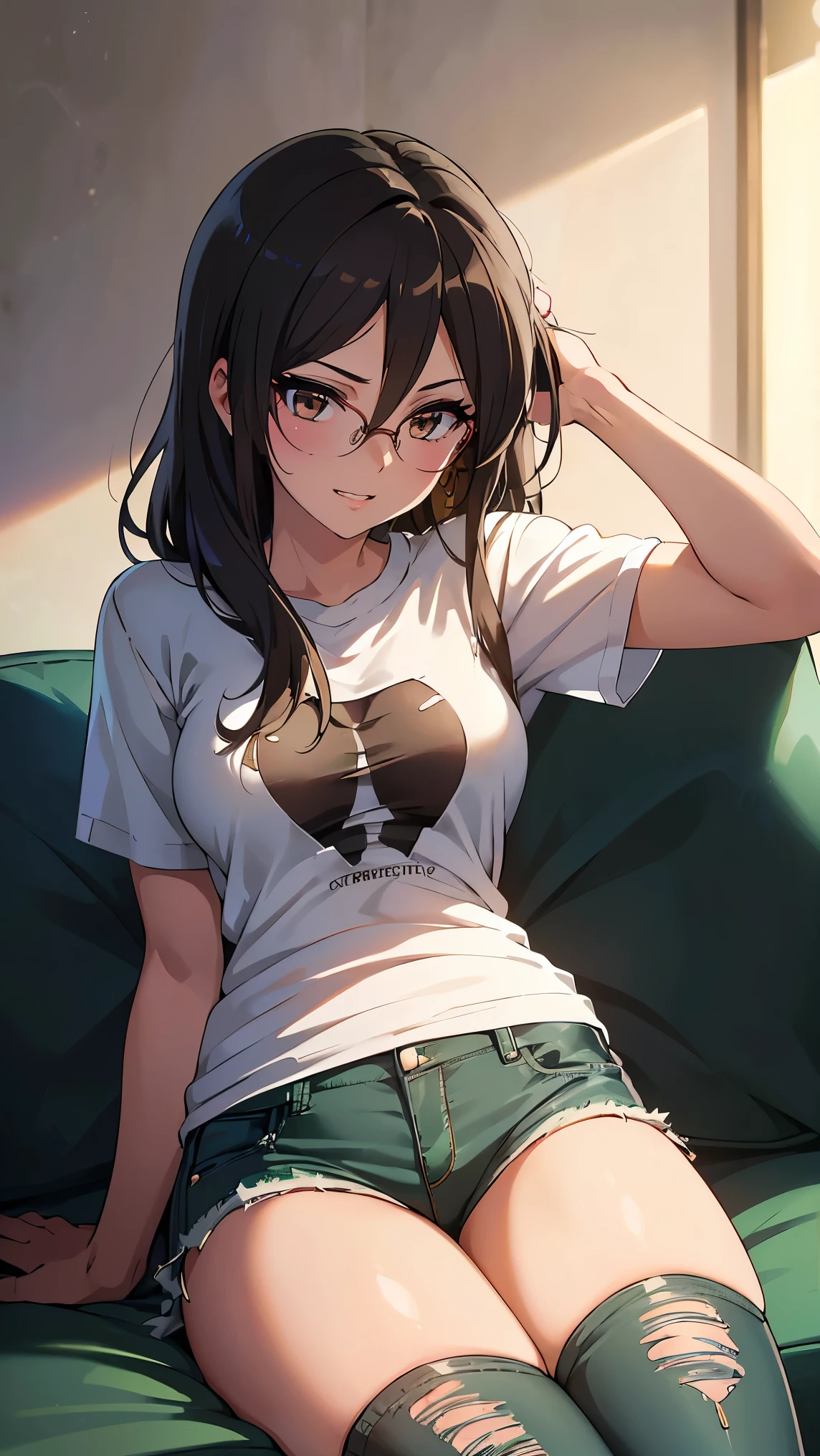 ( The ultimate masterpiece, of the best quality, 8k ), Detailed Faces + eye, (absurd dress), (skindentation), (Best Shadow), (anime), /(Kootsundere Face)/, /(To Save You)/, (completely complete)+, (Fascinating Beauty)+, (nipples), very curvy, (dark hair), 片eyeにかかる髪, Long messy hair, beautiful hairstyle, (brown eye), plump lips from the hotel, ( Happy Face, Grin ), (cute face), cute, ((beautiful character design)), At home, ( Complicated clothing ), break, professional photo, (Toned Legs, Thighs), ray tracing, (completely complete)+, octane rendering, good looking t-shirt, ((white) loose t-shirt: 1.3), t-shirt, ((black) jacket: 1. 2), good-looking jeans, ((green) jeans: 1.2), torn jeans, opens clothes, (very small breasts:1.3), ( Shiny Skin), ( healthy body), female 1 person, (Koutsundere Looks {x} Bold Confident Poses), (very sexy+, Gorgeous Woman++, Young Beautiful Woman+), break, ( sitting, towards viewers ), ((Young Beautiful Woman))+