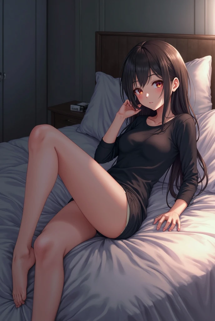 Girl without pants or underwear sitting on a bed with her legs open, large black striped shirt