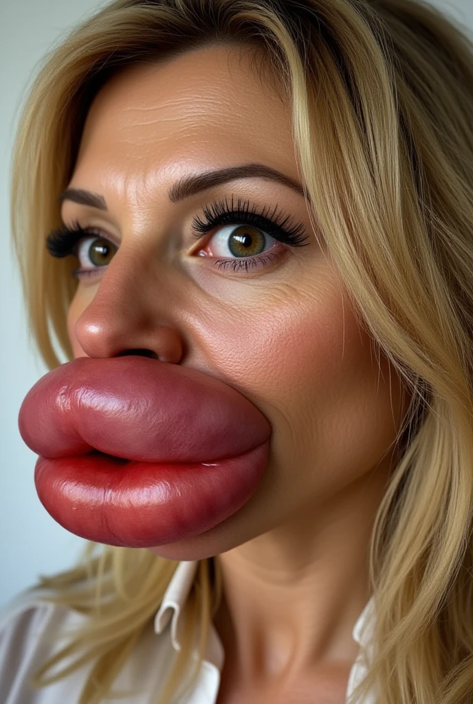 1girl, plain background, beautiful face, blonde hair, cute, bimbolips, huge lips dimples, cheekbones