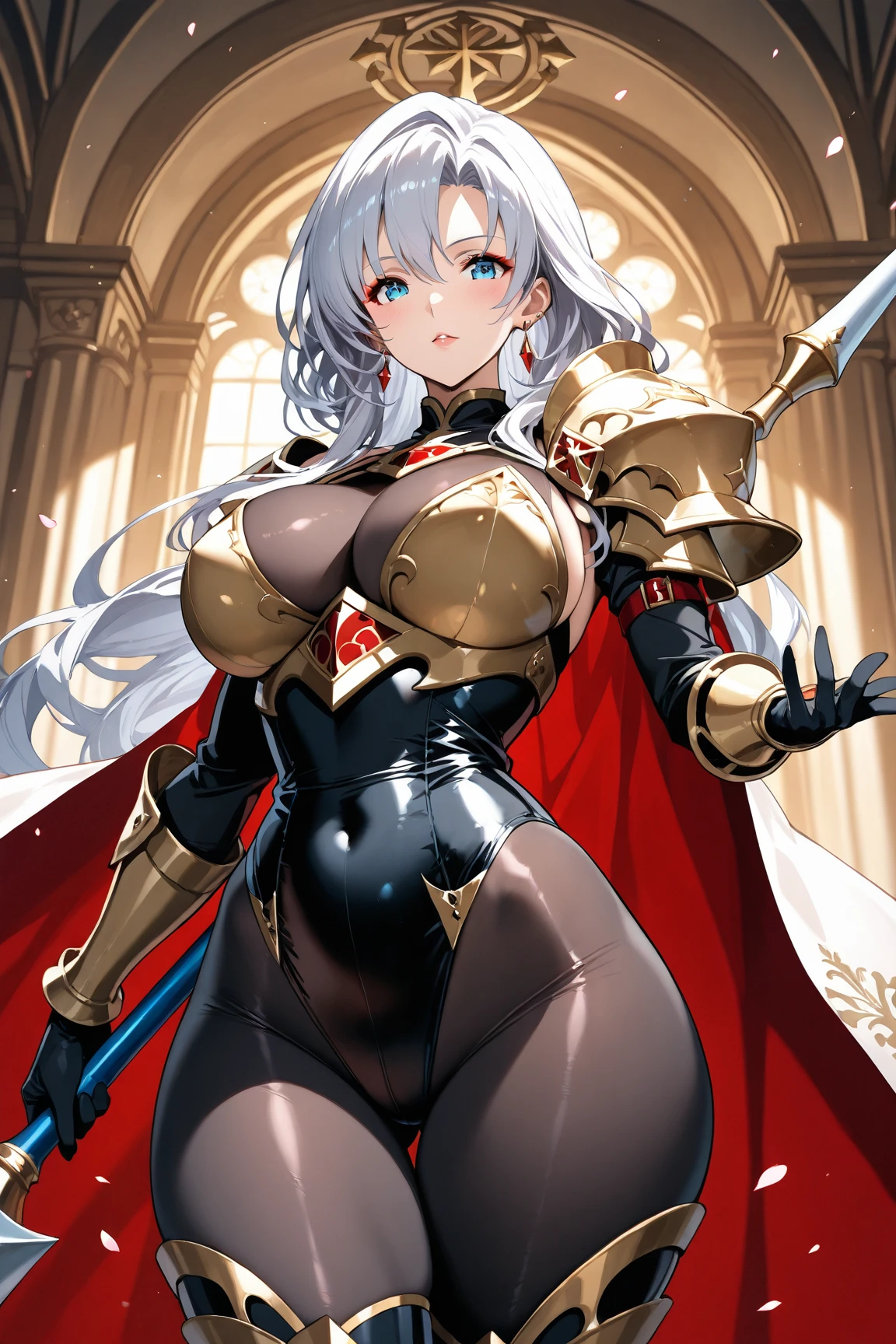 masterpiece, extra limbs, 1lady, 25 years old, gold long high ponytail, gold pubic hair, slant red eyes, big pointy breasts large areolas, muscle, serious, contrappo stobreast hold,have claymore, (clothed valkyrie armor knight)
