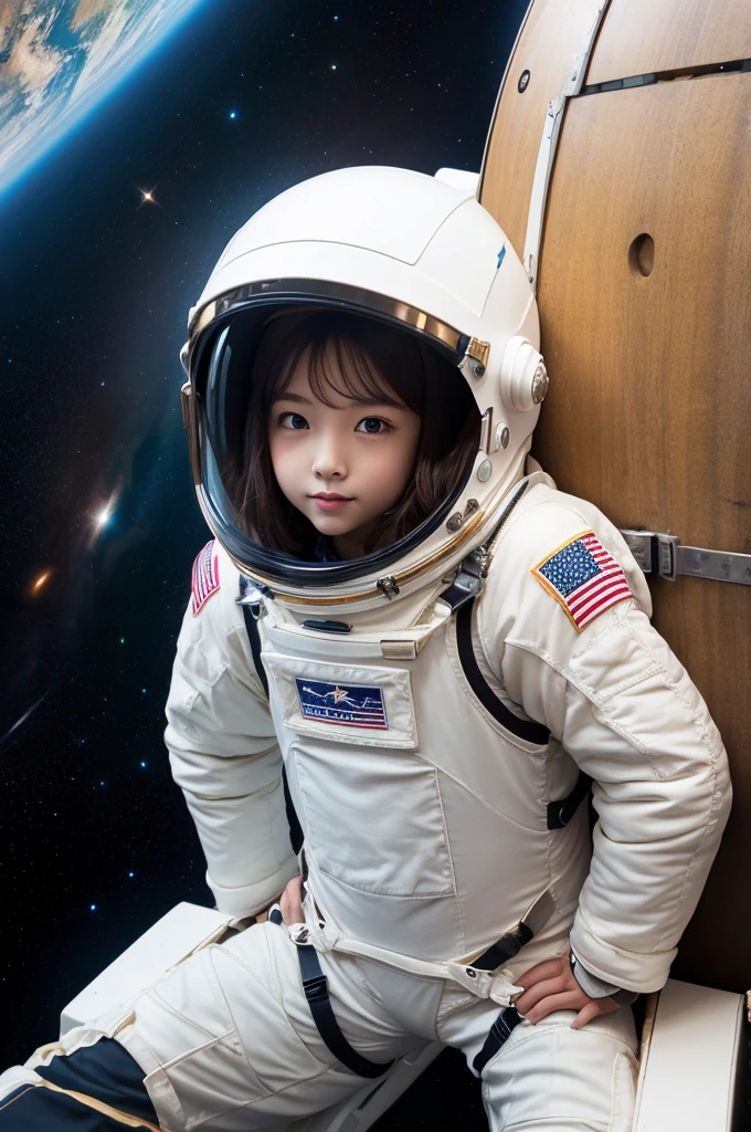 (8k, RAW photo, best quality, masterpiece:1.2), High detail RAW color photo, professional photograph, (realistic, photo realistic:1.37), ((best quality)),A beautiful japanese girl piloting an interplanetary space shuttle rocket,outer space, cockpit like a set from a science fiction movie,((the girl is )),