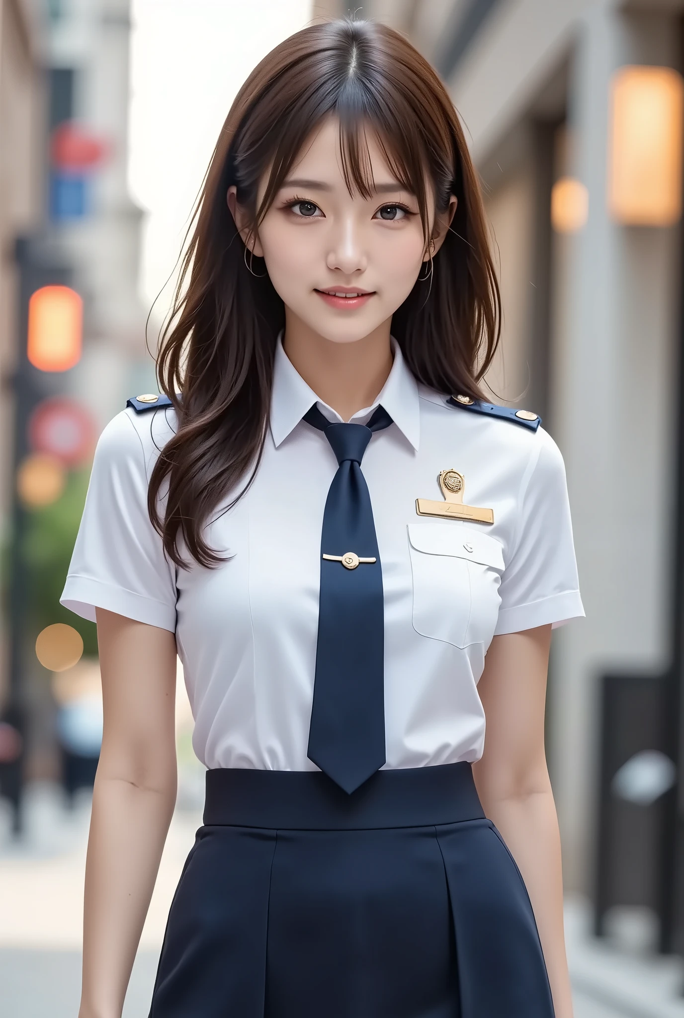 An innocent 20-year-old girl、((Japanese Police Officer, Sexy police uniform, skirt, Cute and elegant, Dramatic Pose)),smile,Night city background,shortcut、RAW Photos, (8K、Highest quality、masterpiece:1.2)、(Intricate details:1.4)、(Photorealistic:1.4)、Octane Rendering、Complex 3D rendering with ultra-detail, Studio Soft Light, Rim Light, Vivid details, Super Detail, Realistic skin texture, Detailed aspect, Beautiful details in the eyes, Highly detailed CG Unity 16k wallpaper, compensate, (Detailed Background:1.2), Glowing Skin, whole body,Put your hands down、Spread your legs and show me your panties,Sit on a bench