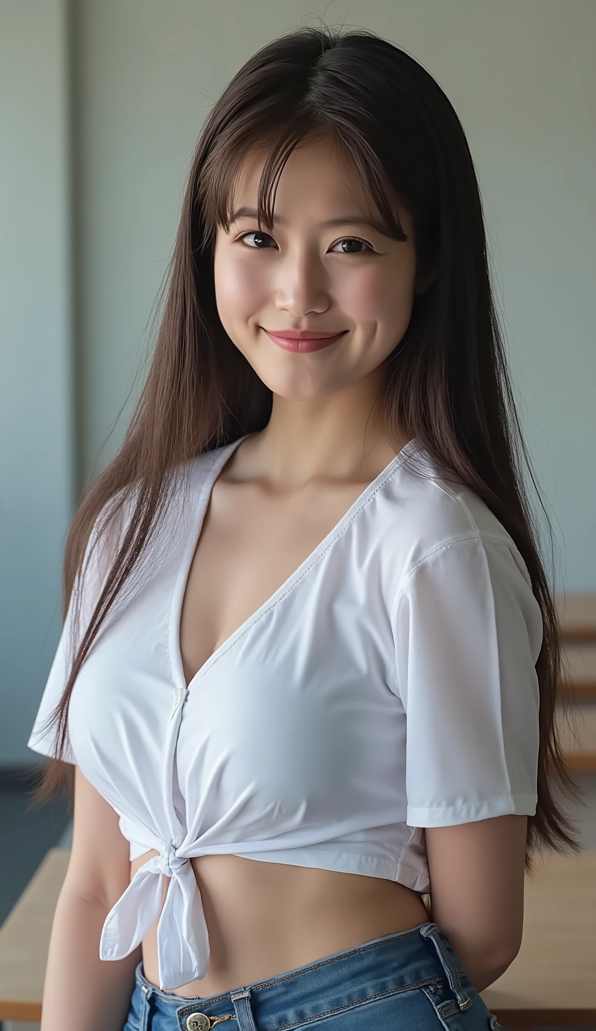 (((((high school girl、school uniform)))))、smile、(long hair:1.5),upper body,school classroom、、Big Breasts、takes off her clothes and shows her nipples、 Viewers are happy to see their nipples