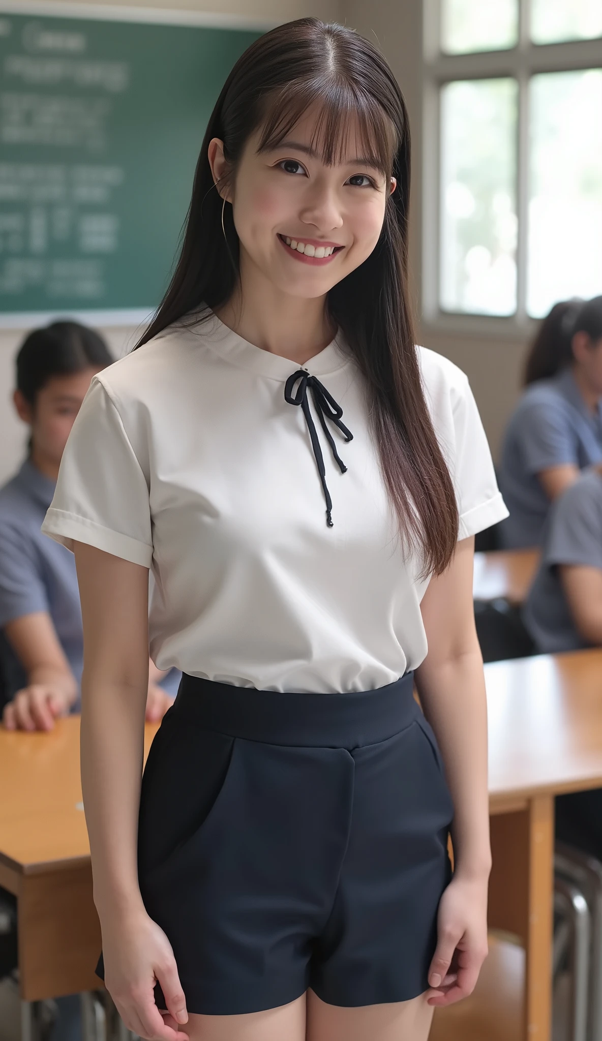 (((((high school girl、school uniform)))))、smile、(long hair:1.5),upper body,school classroom、、Big Breasts、takes off her clothes and shows her nipples、 Viewers are happy to see their nipples