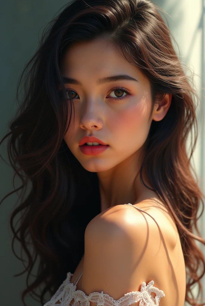 (Photo Real:1.4), (hyper realisitic:1.4), (Smooth lighting:1.05), 1 girl, melancholy, looking away, Close-up of the face, Soft lighting, Back lighting, (Finest Real Textured Skins), Super fine face, glowy skin, retinas, Anatomically correct, acurate, (Wavy medium Hair:1.1), Textured skin, High quality, high details, Best Quality, High resolution,