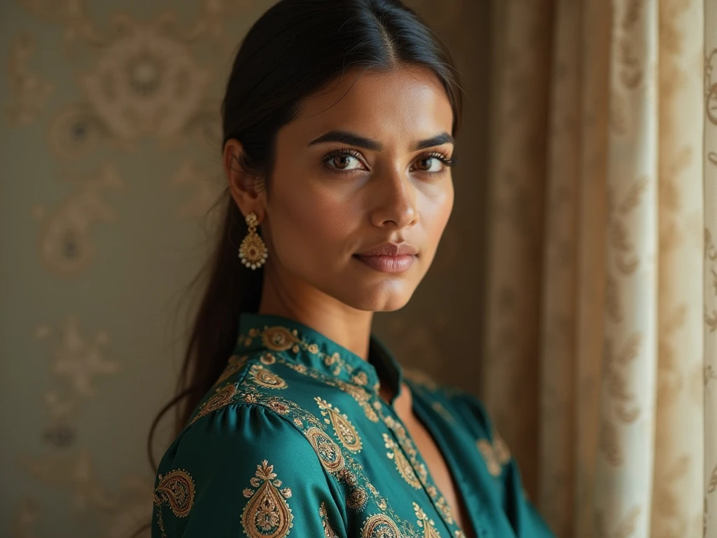 Generate a highly detailed, realistic AI model of a beautiful Moroccan girl while traveling. She stands at 5'6" with a slender yet athletic build. Her skin is a warm, golden olive tone, glowing naturally under the sunlight. Her long, thick, wavy black hair is pulled back into a loose ponytail, with a few strands framing her face. Her almond-shaped amber-brown eyes are bright and filled with curiosity.

She is dressed in stylish and comfortable travel attire: a lightweight, breathable white blouse, paired with high-waisted, olive green cargo pants and sturdy, stylish boots. A chic leather backpack is slung over one shoulder, and she wears aviator sunglasses perched on her head. Her expression is confident and excited, ready for new adventures. Ensure that the textures and details of her outfit, especially the fabric of her clothing and the accessories, are rendered in high resolution. Use natural lighting to reflect her outdoor surroundings, perhaps with a hint of a scenic landscape in the background